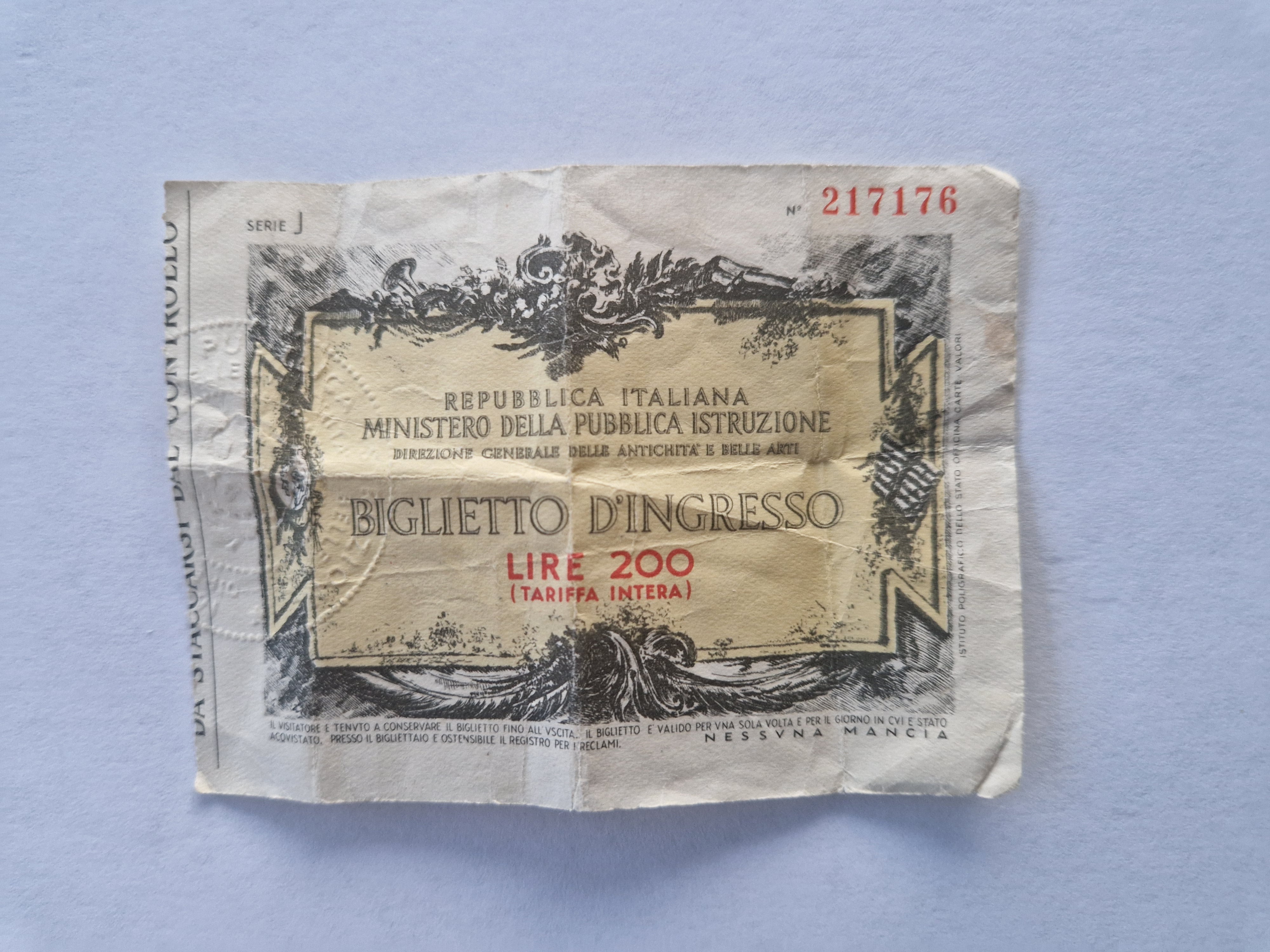 Italy Biglietto D'Ingresso ticket 200 Lire
