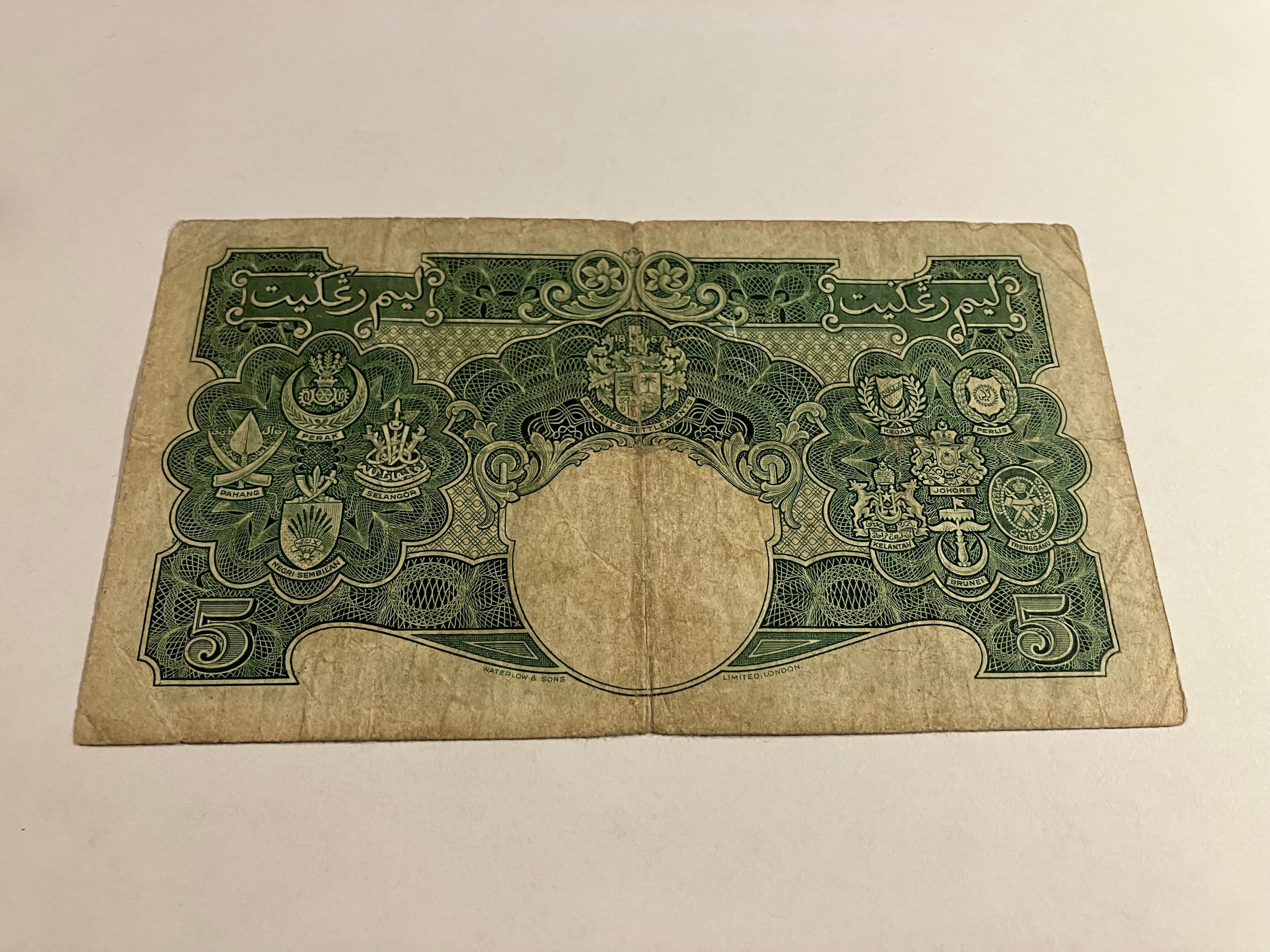 Five Dollars Malaya & Straits Settlements 1941