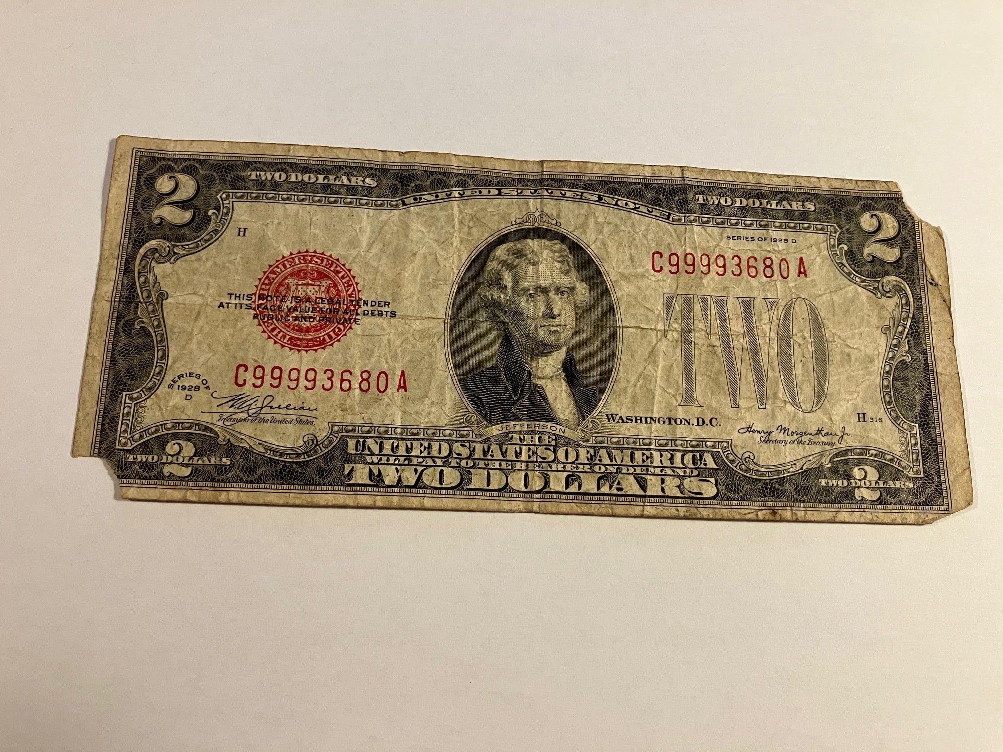 Two Dollars USA 1928 D - Meget dårlig stand