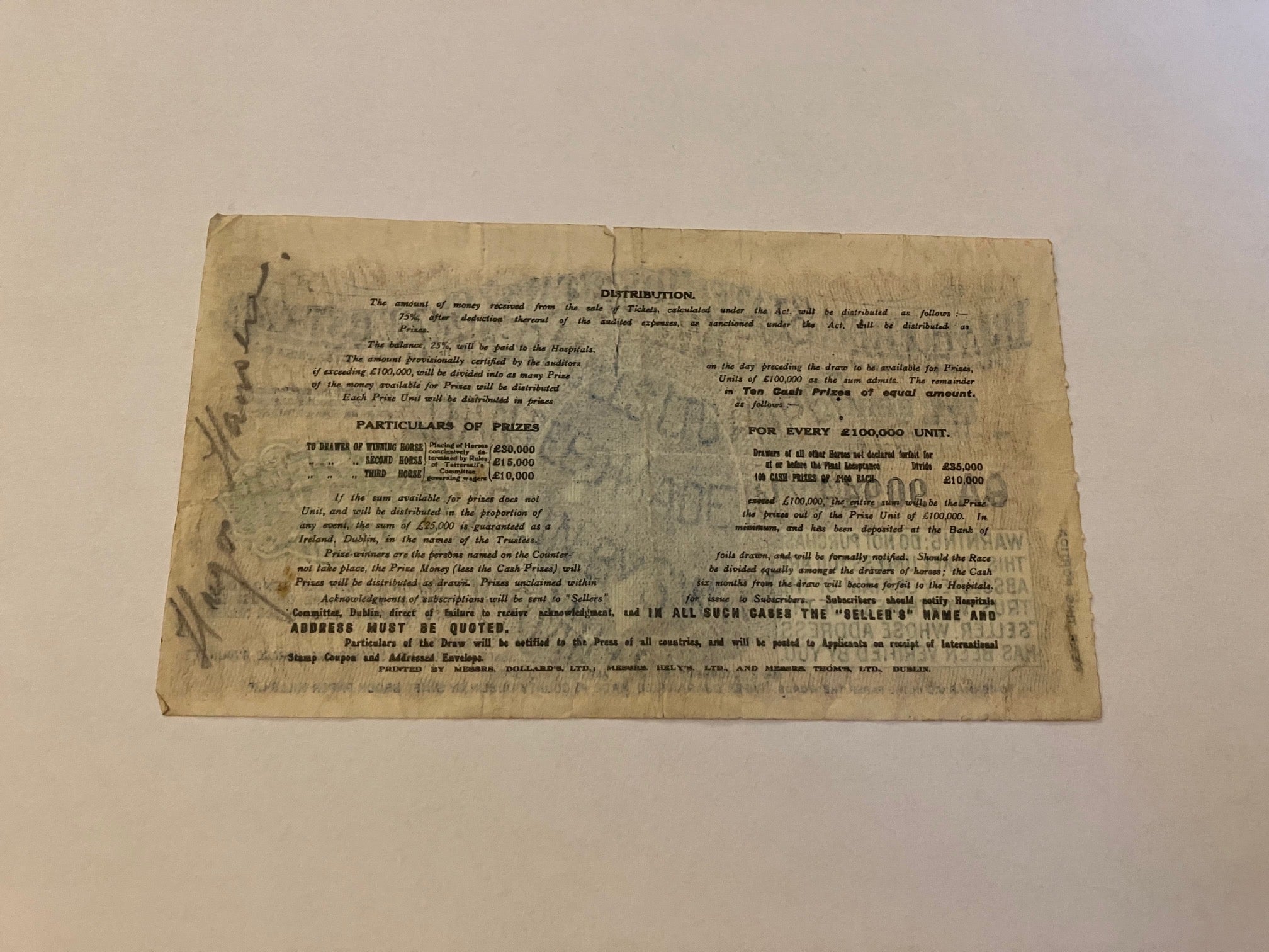 Ten Shillings Sterling - Irish Free State Hospital Sweepstake - Revne i midten