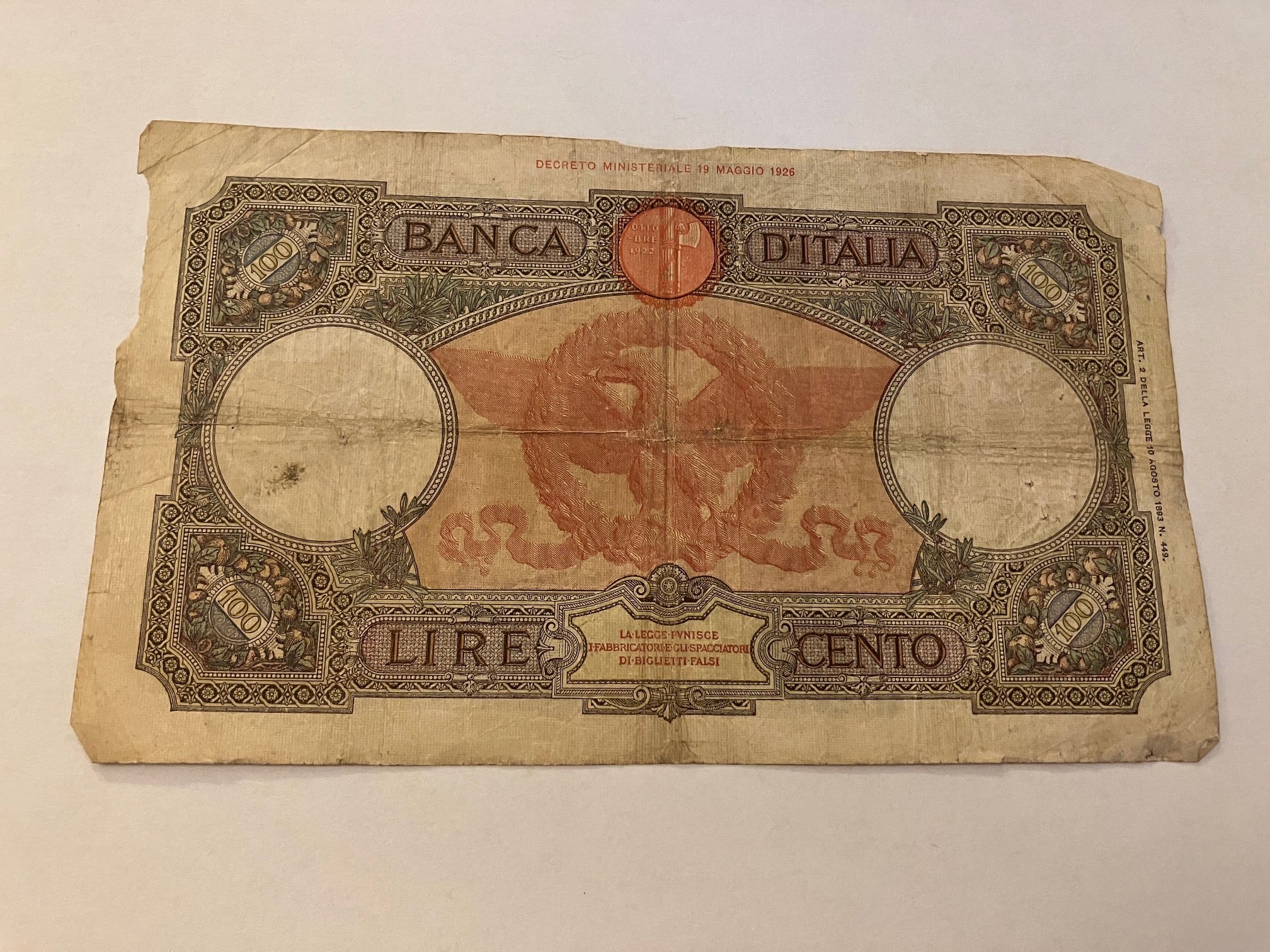 100 Lire Italy 1926 - Meget dårlig stand