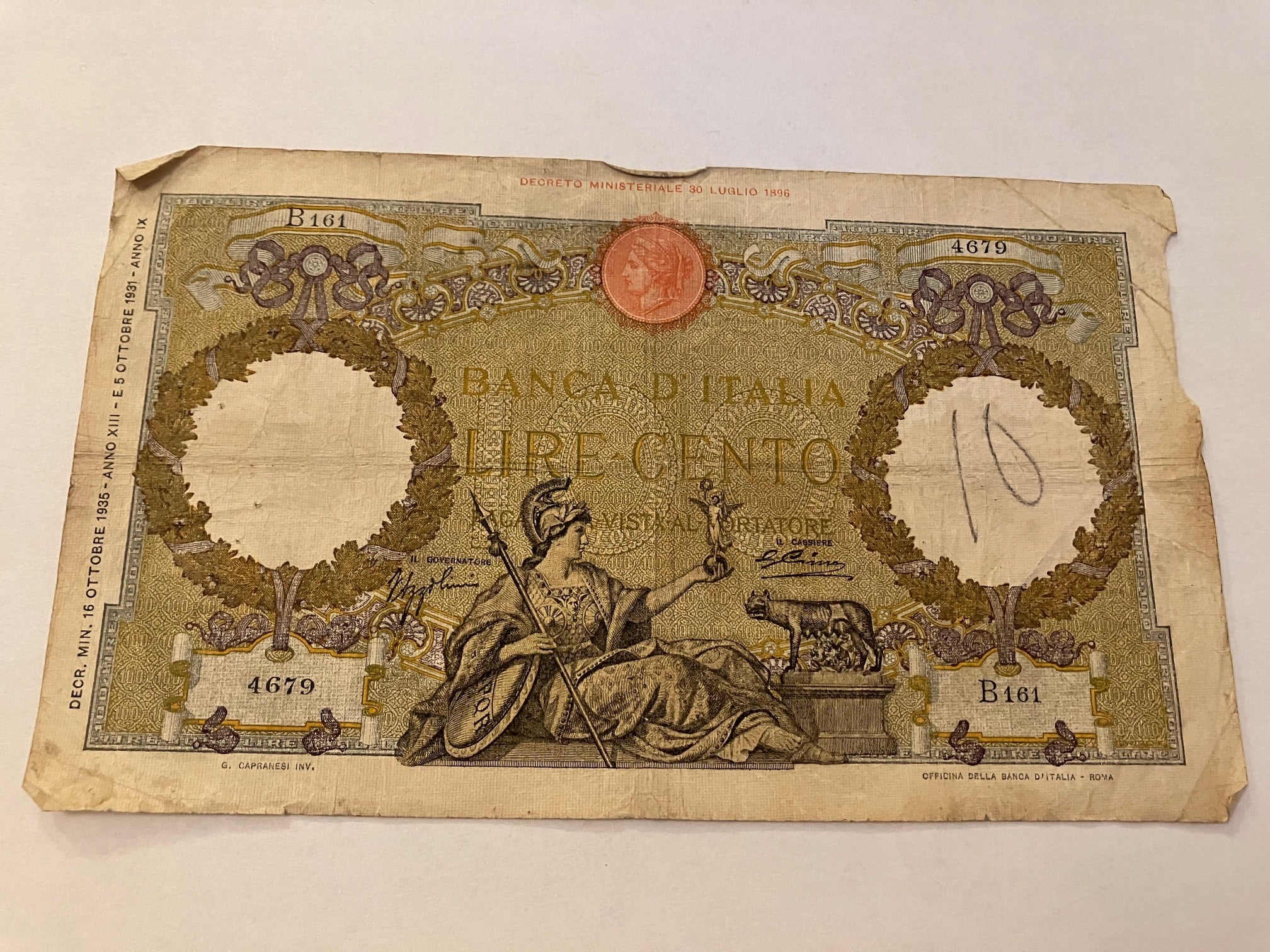 100 Lire Italy 1926 - Meget dårlig stand