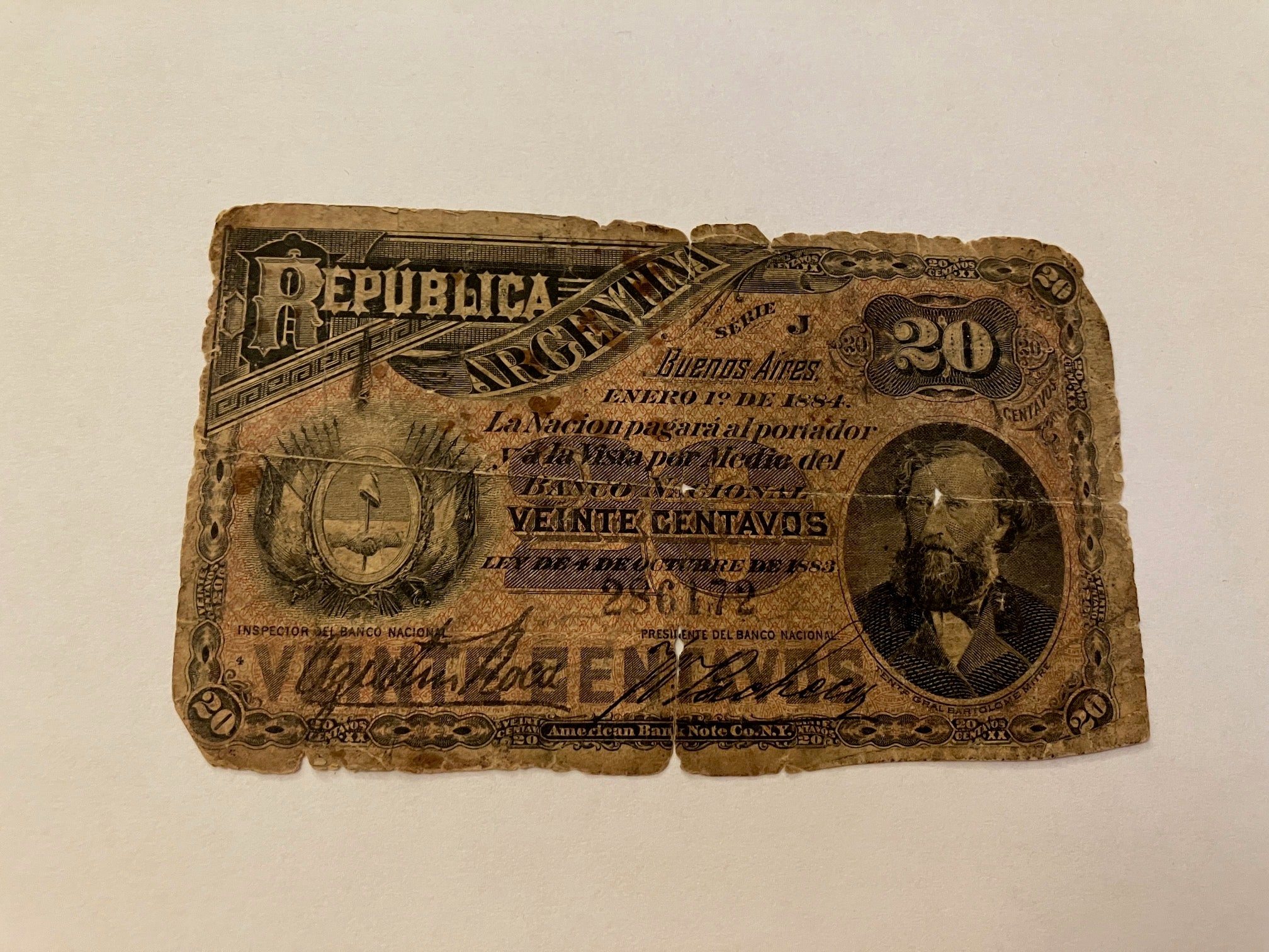 20 Centavos Argentina 1884 - Meget dårlig stand