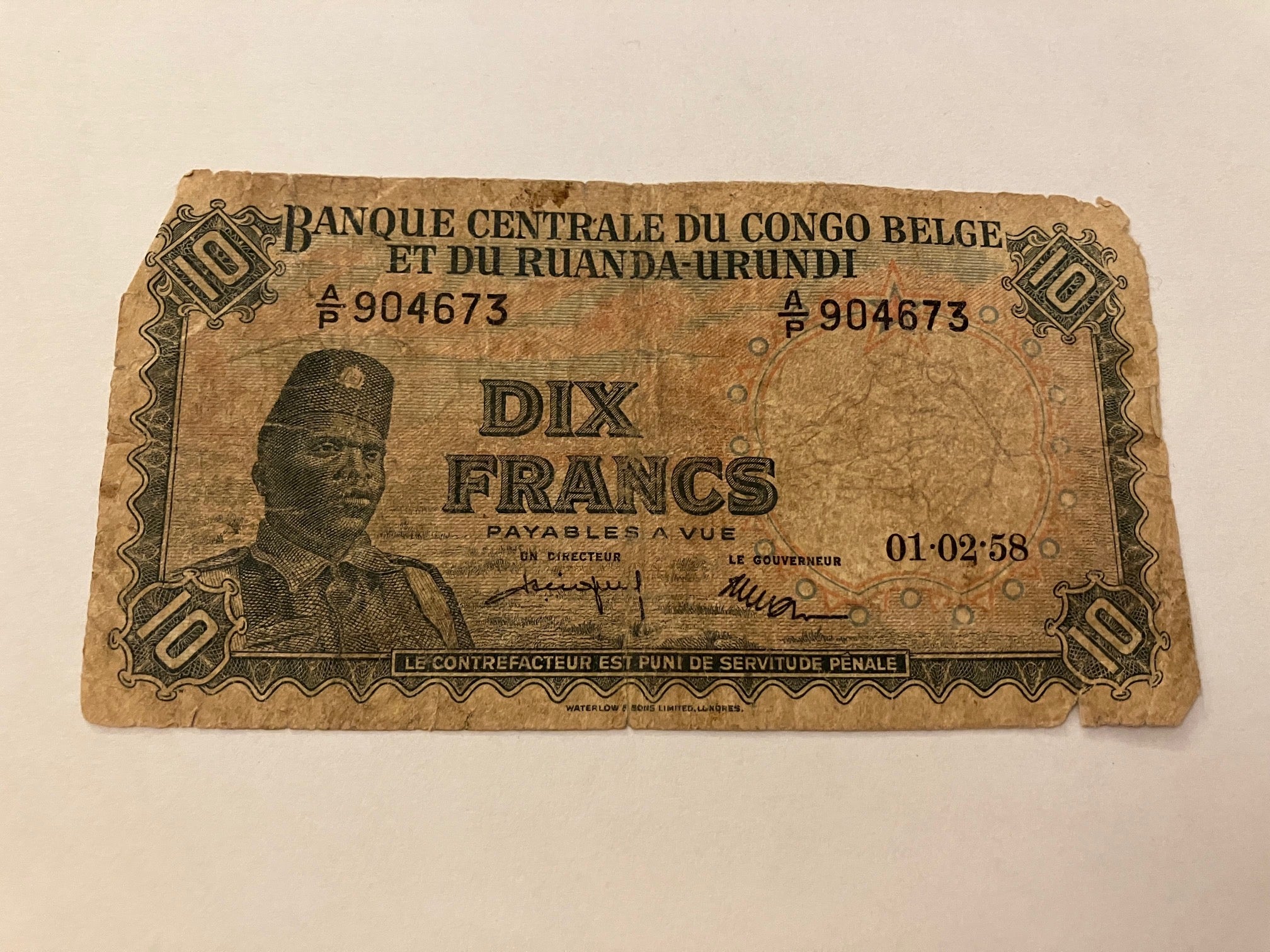 10 Francs Belgian Congo 1958 - Meget dårlig stand