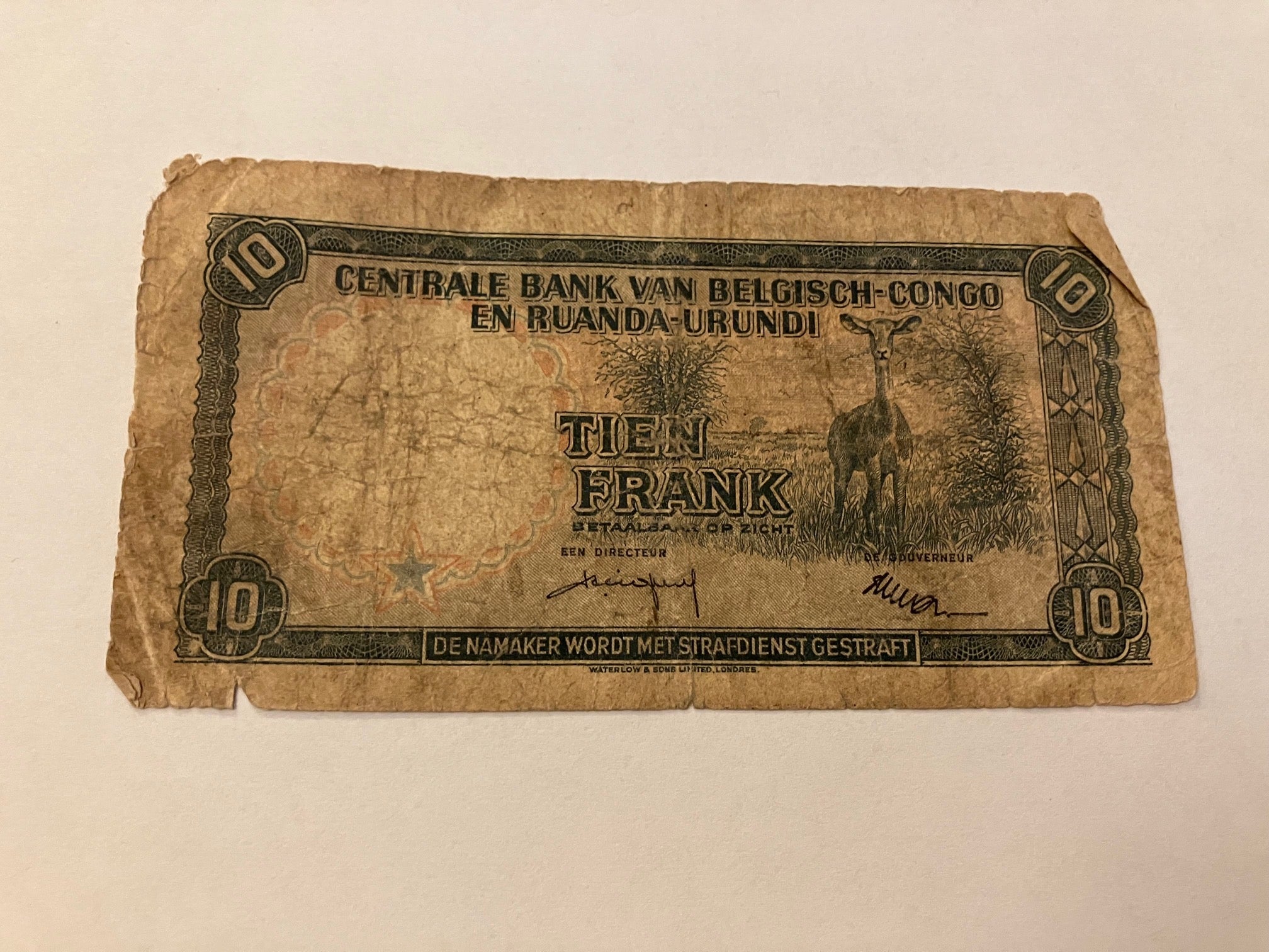 10 Francs Belgian Congo 1958 - Meget dårlig stand