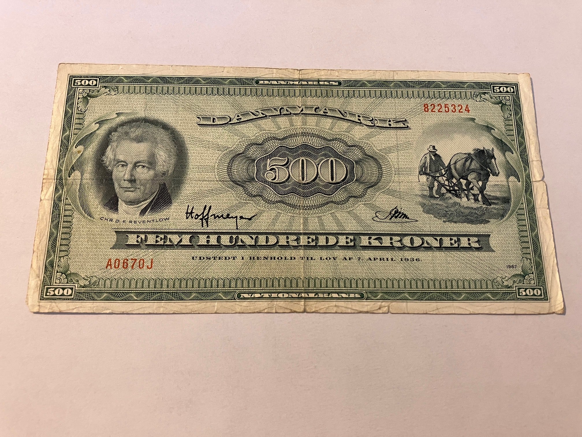 500 Kroner A0 1967 0J Erstatningsseddel - Slidt