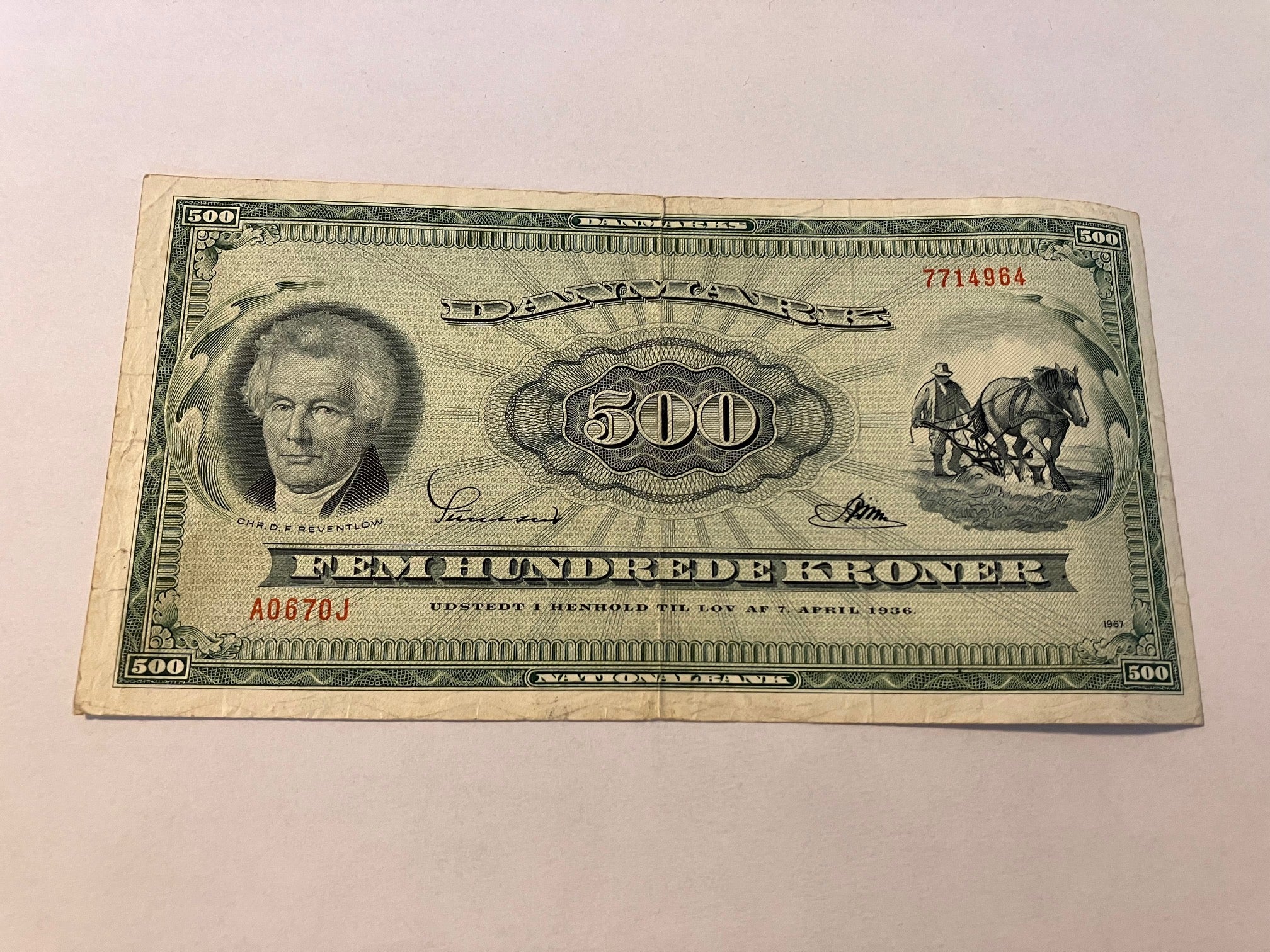 500 Kroner 1967 A0 0J Erstatningsseddel - Slidt
