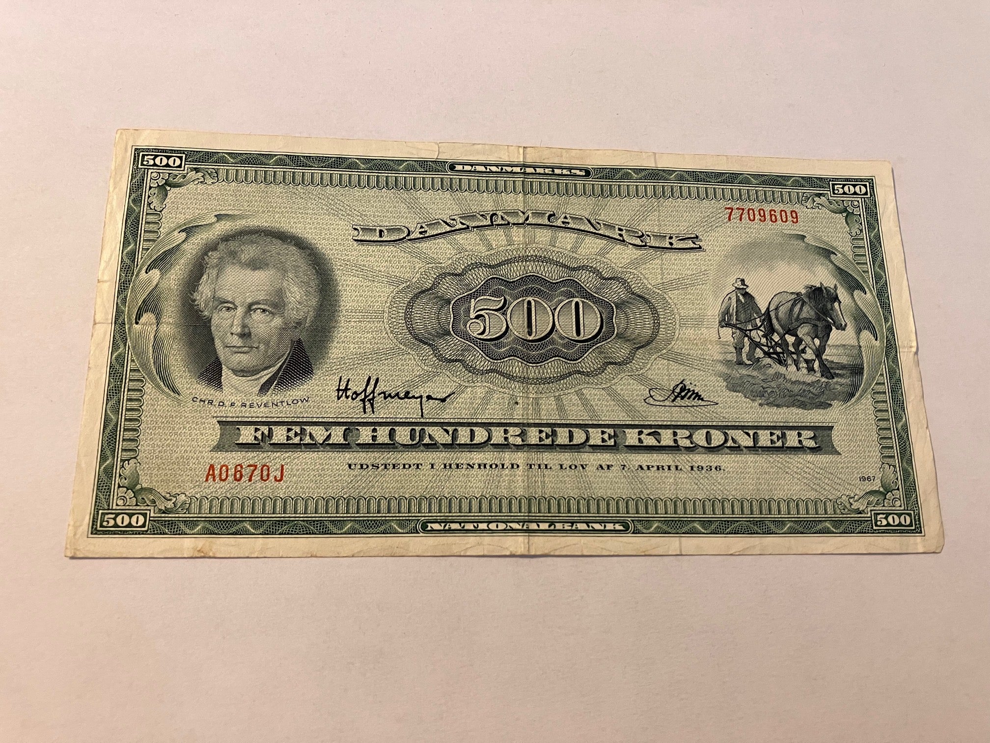 500 Kroner 1967 A0 0J Erstatningsseddel - Slidt