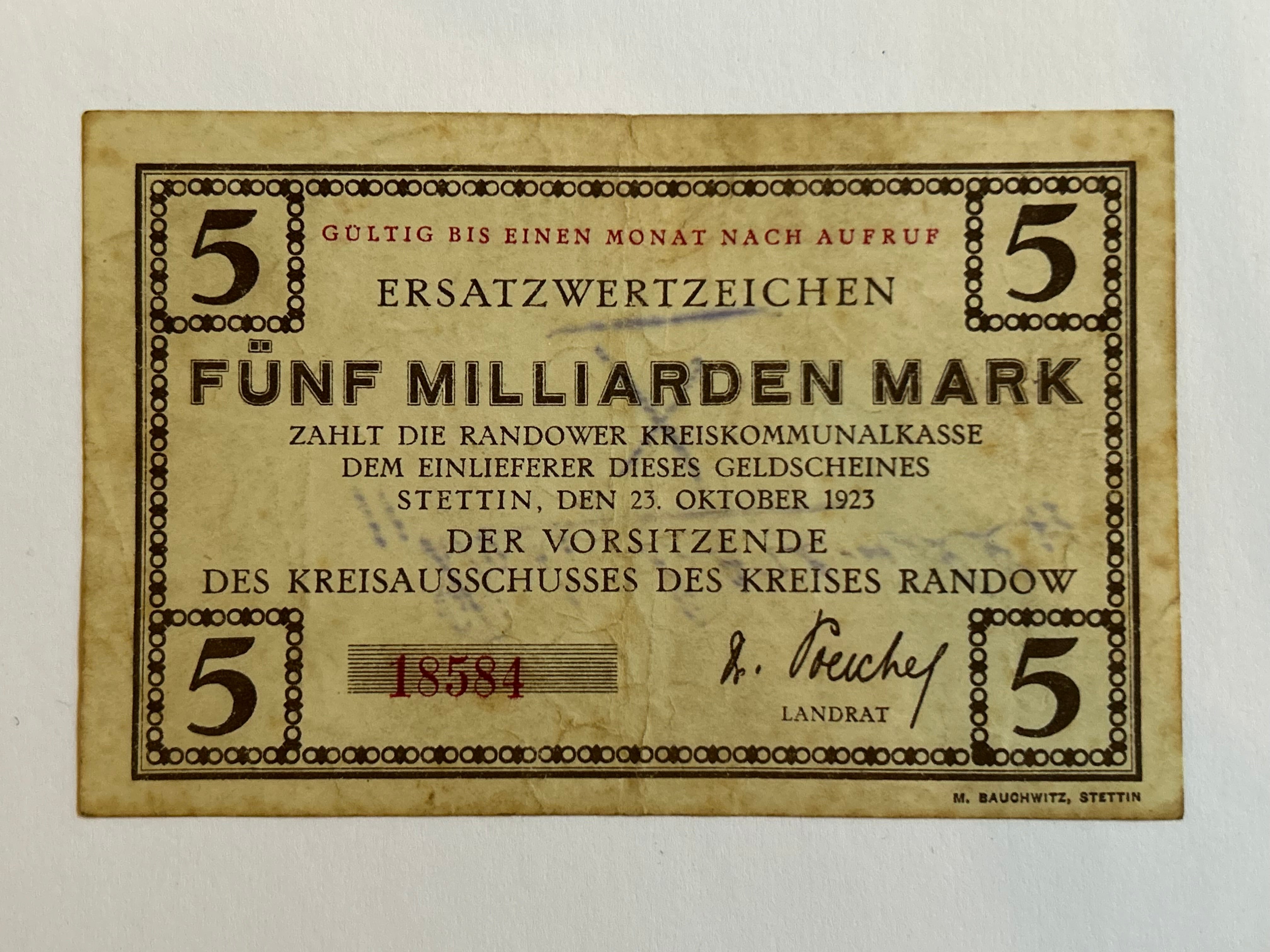 5 Milliarden Mark 1923 Germany