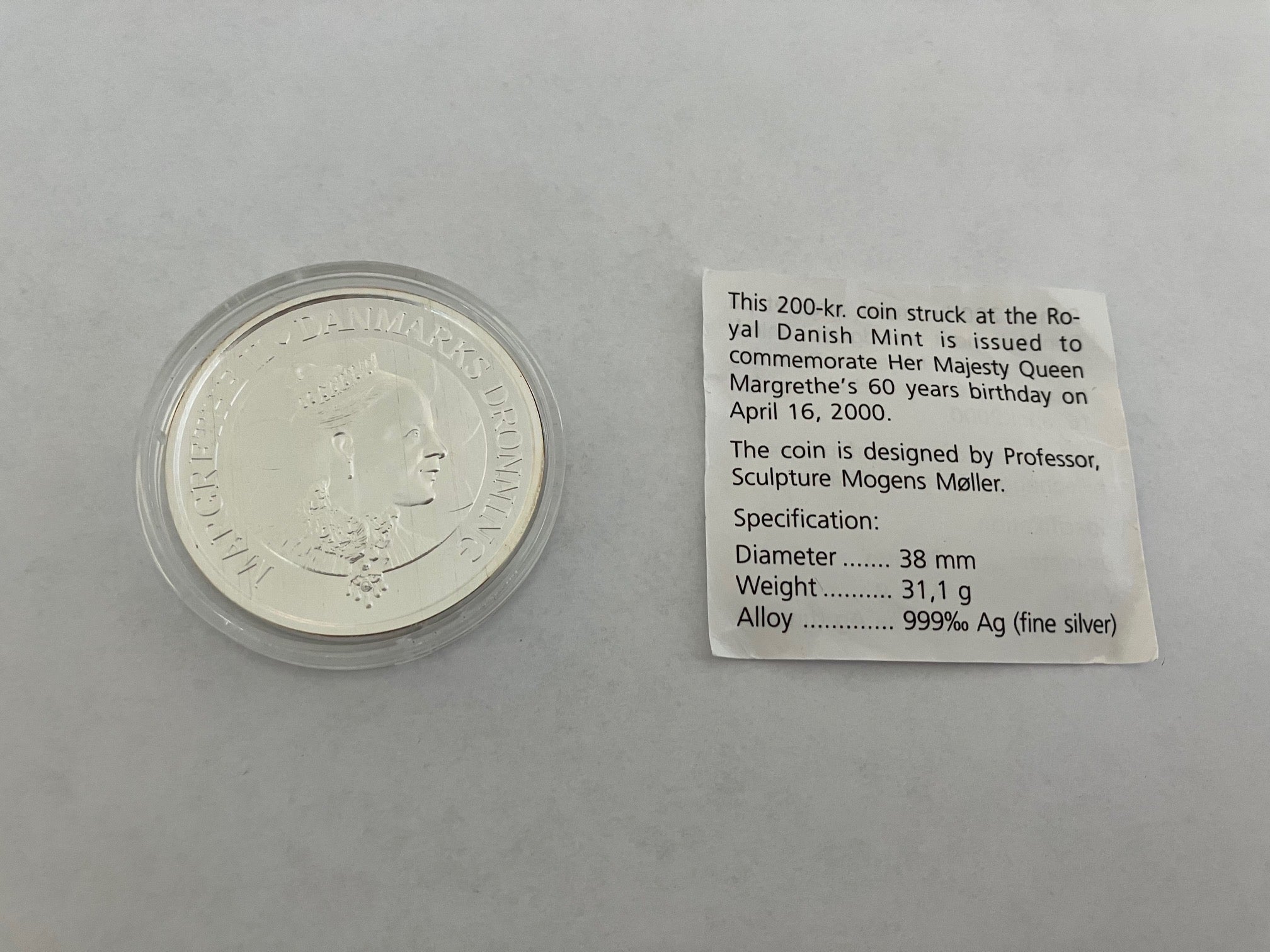 200 Kroner Sølv 1 Oz - Dronning Magrethes 60 års fødselsdag år 2000
