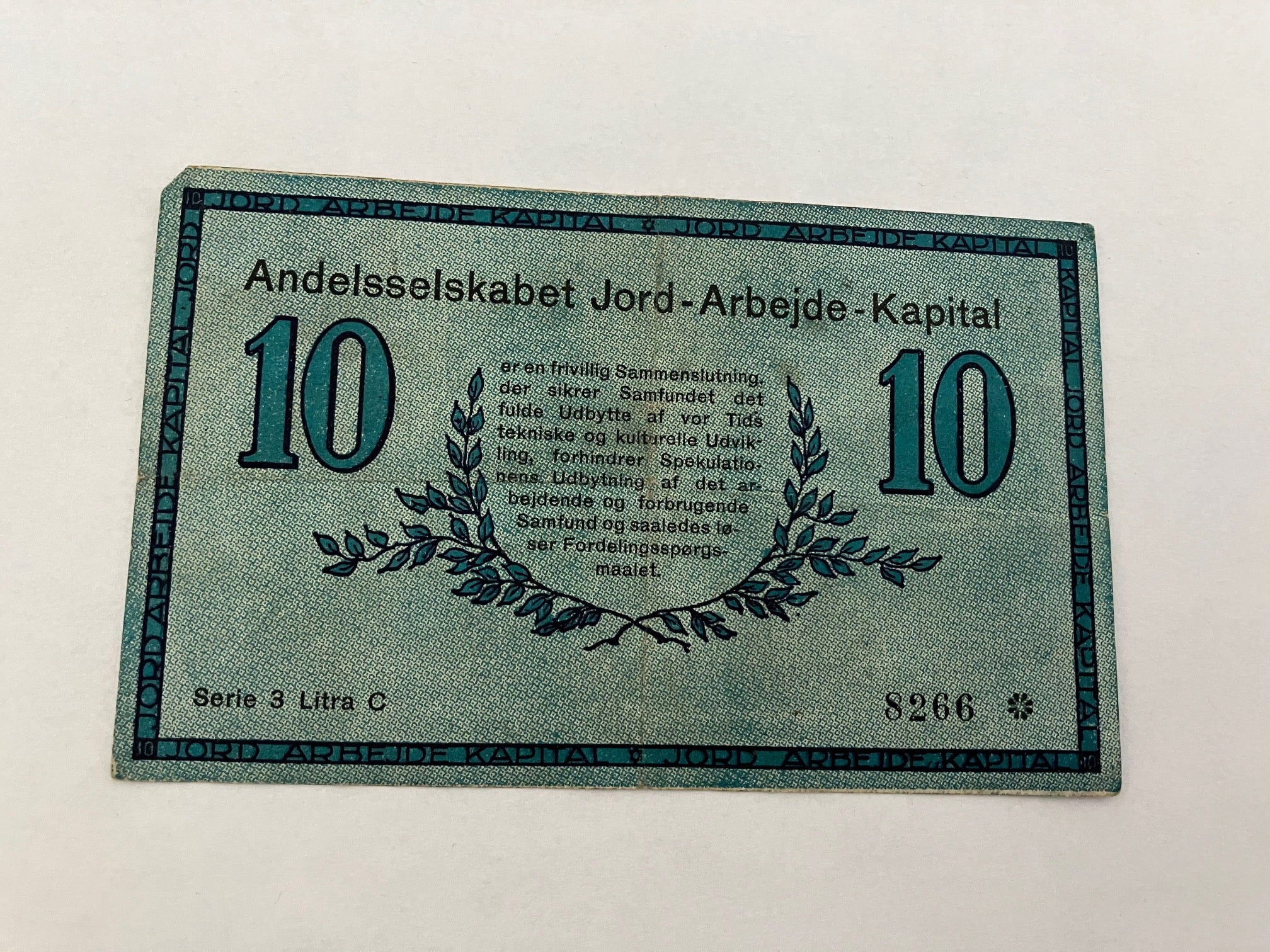 JAK-seddel 10 kroner Jord Arbejde Kapital