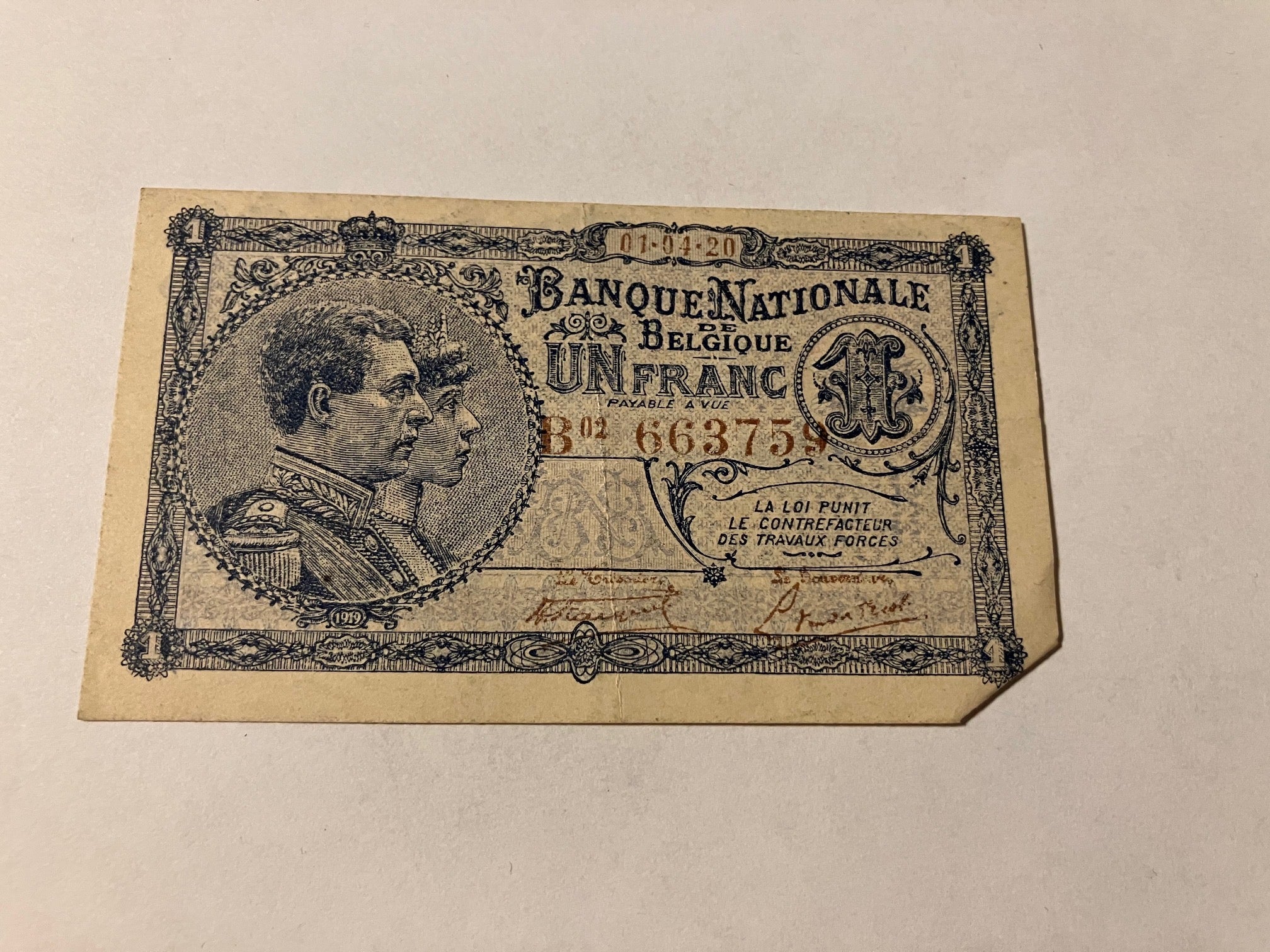 1 Franc Belgium 1920