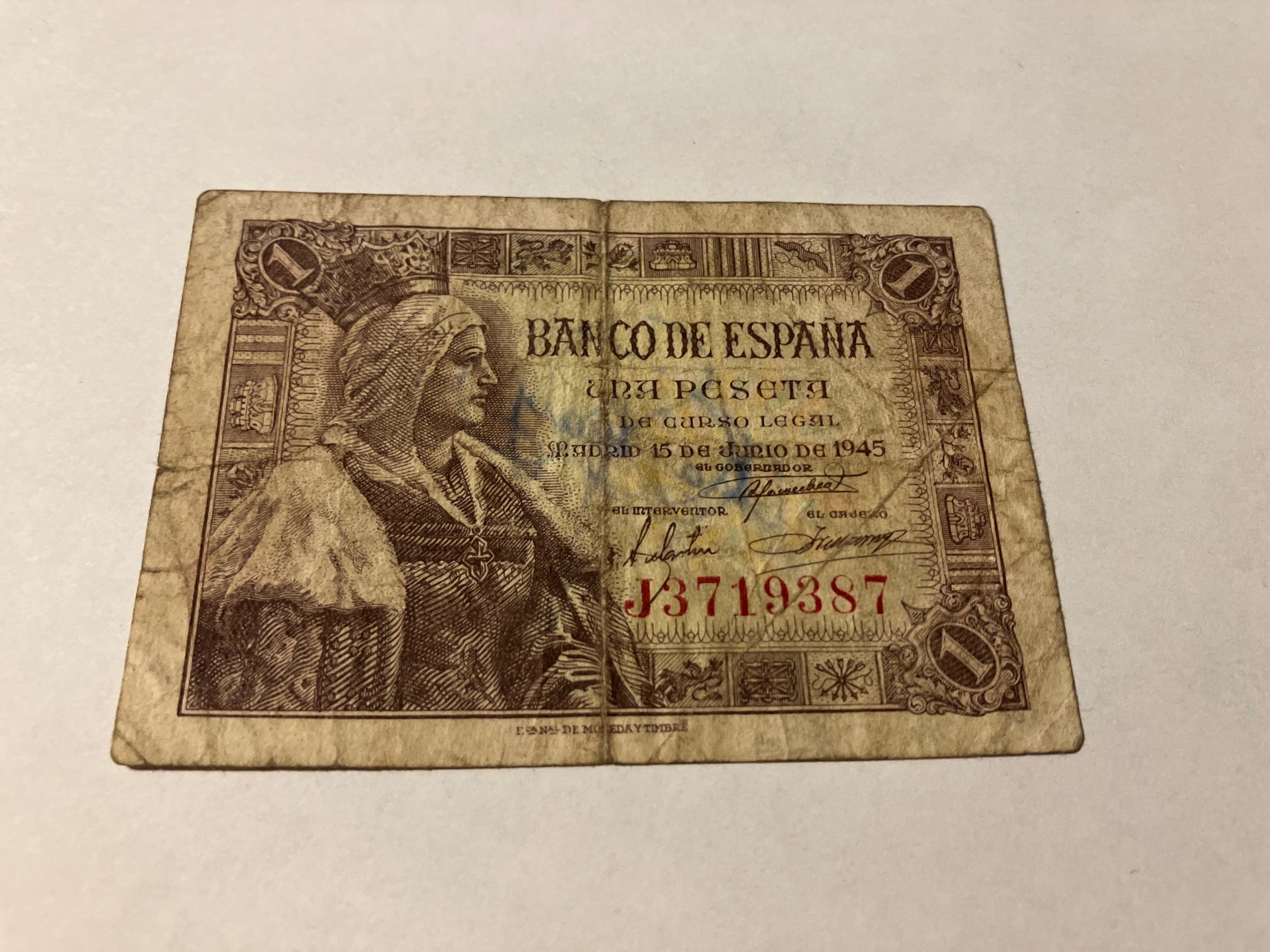 1 Peseta 1945 Spain - Meget dårlig stand