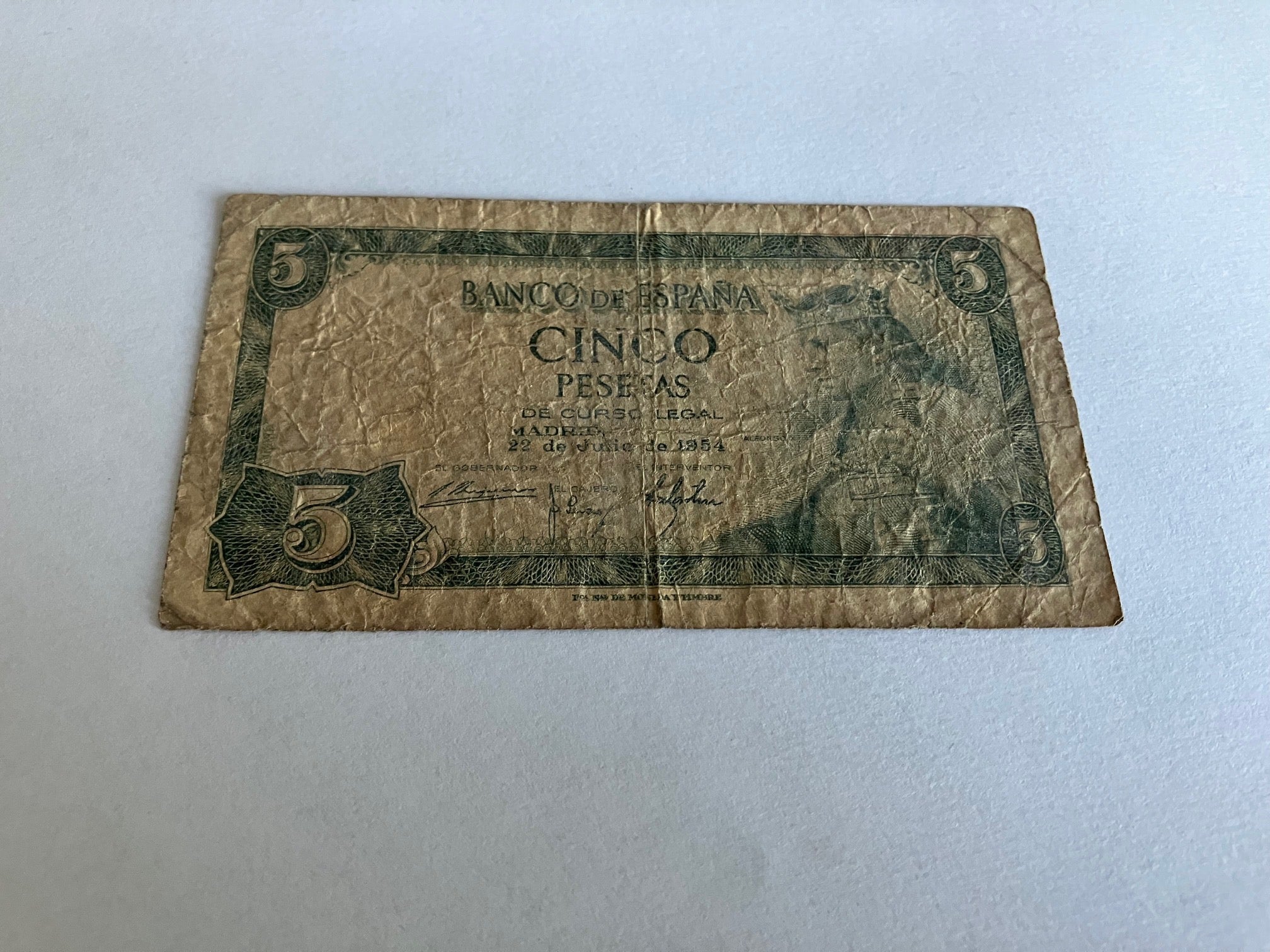 5 Pesetas Spain 1954 - Meget slidt