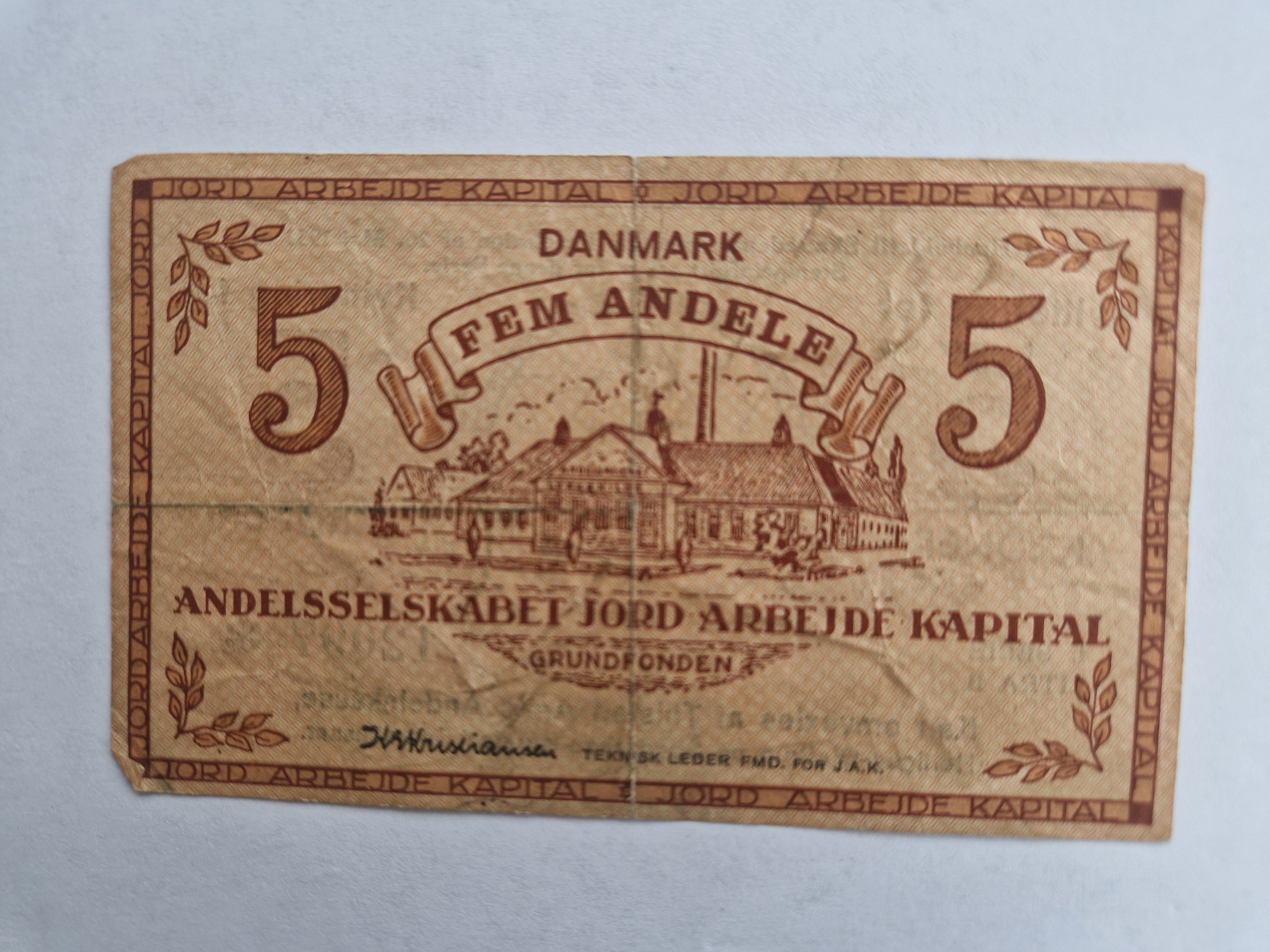 JAK-seddel 5 kroner Jord Arbejde Kapital