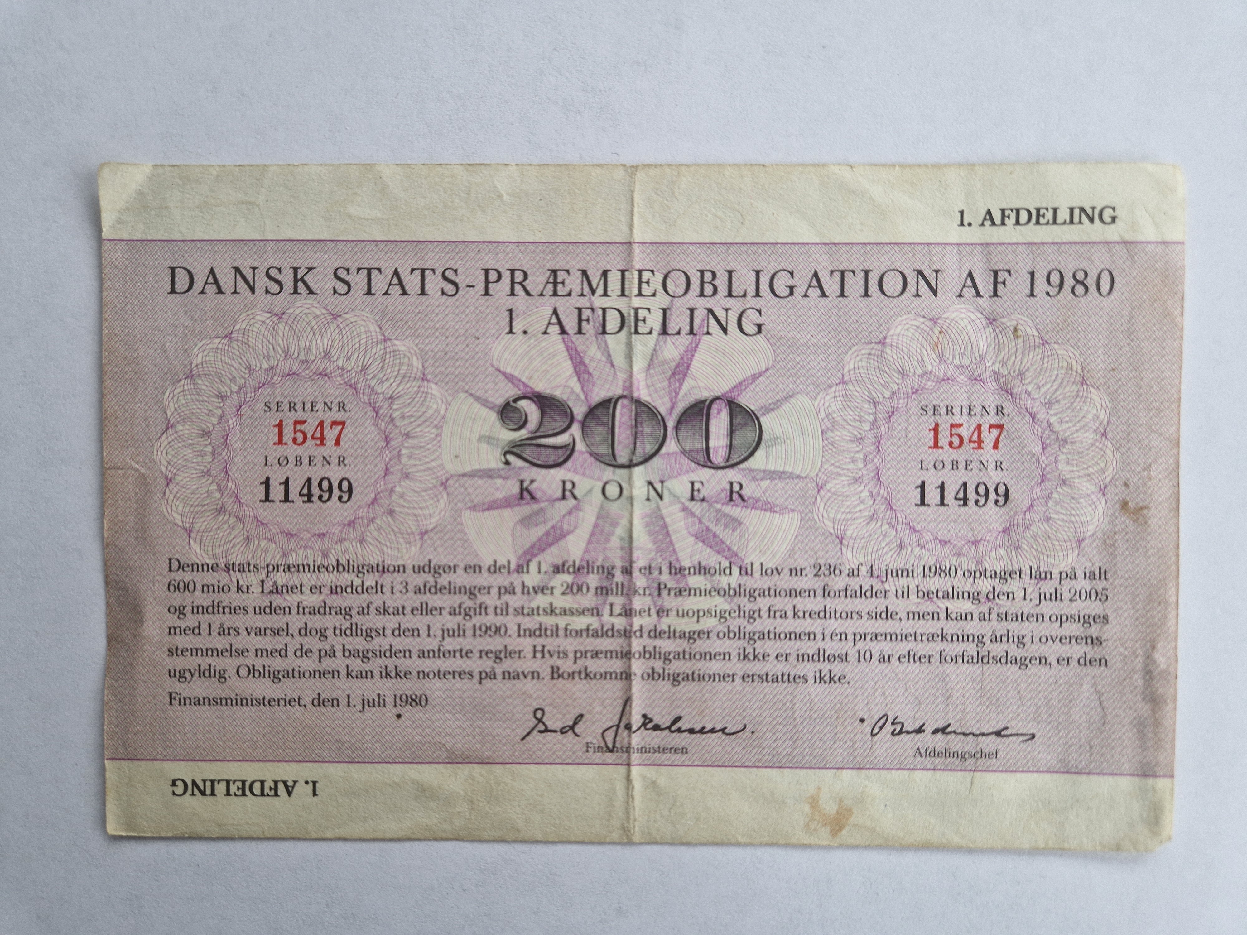 200 Kroner Præmieobligation 1980