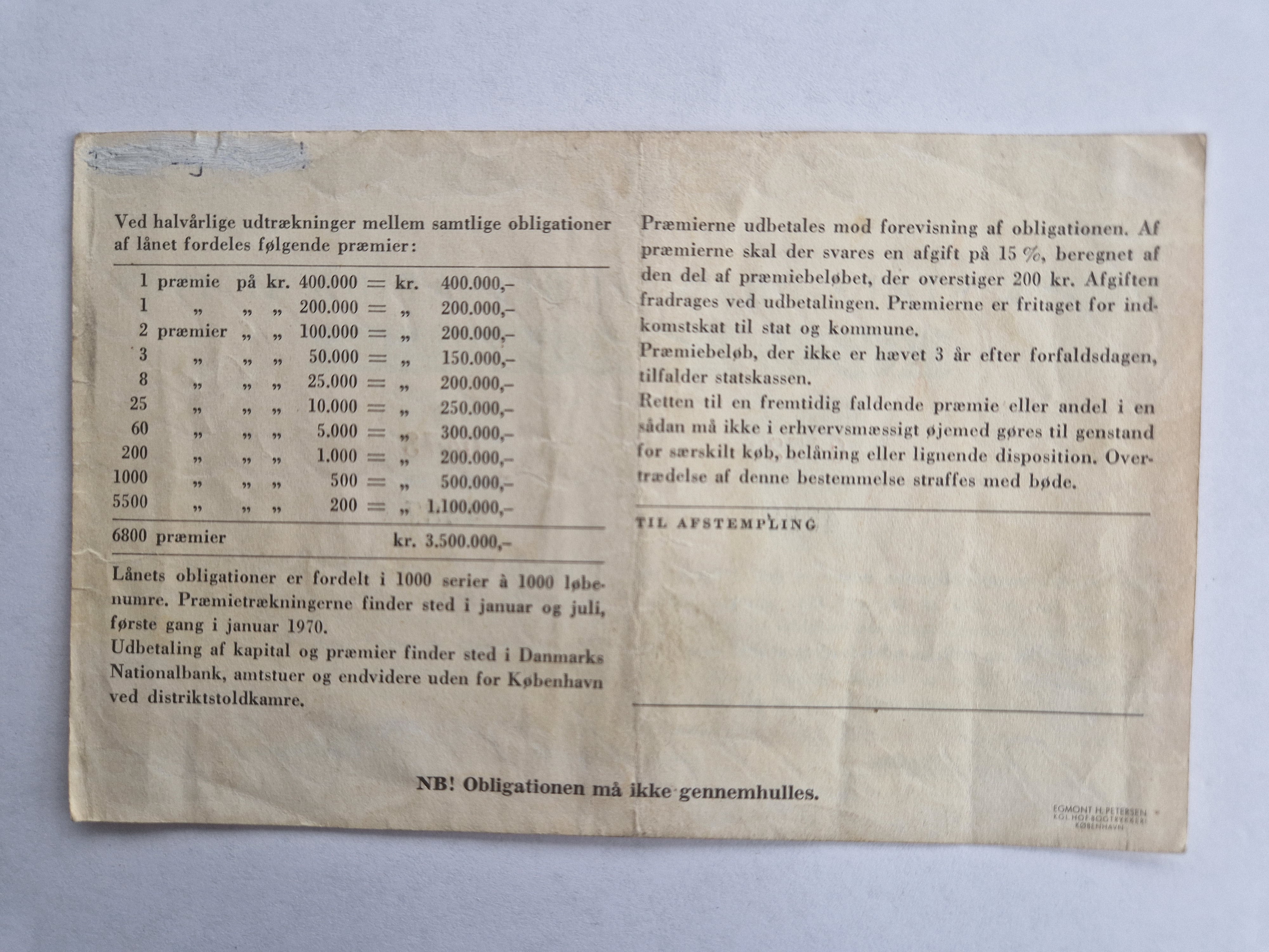 100 Kroner Præmieobligation 1969