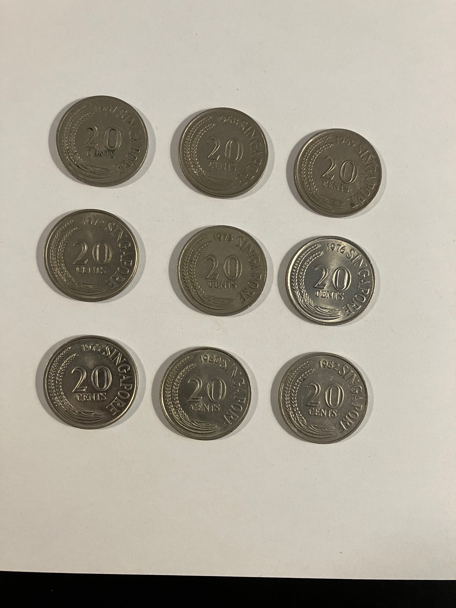 9 stk 20 Cents Singapore - Forskellige årgange