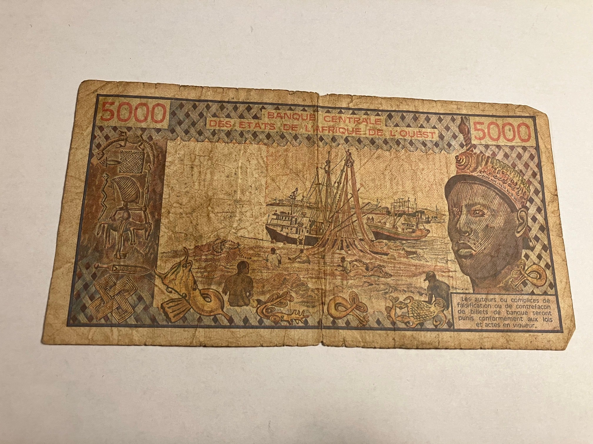 5000 Francs West African States - Meget dårlig stand