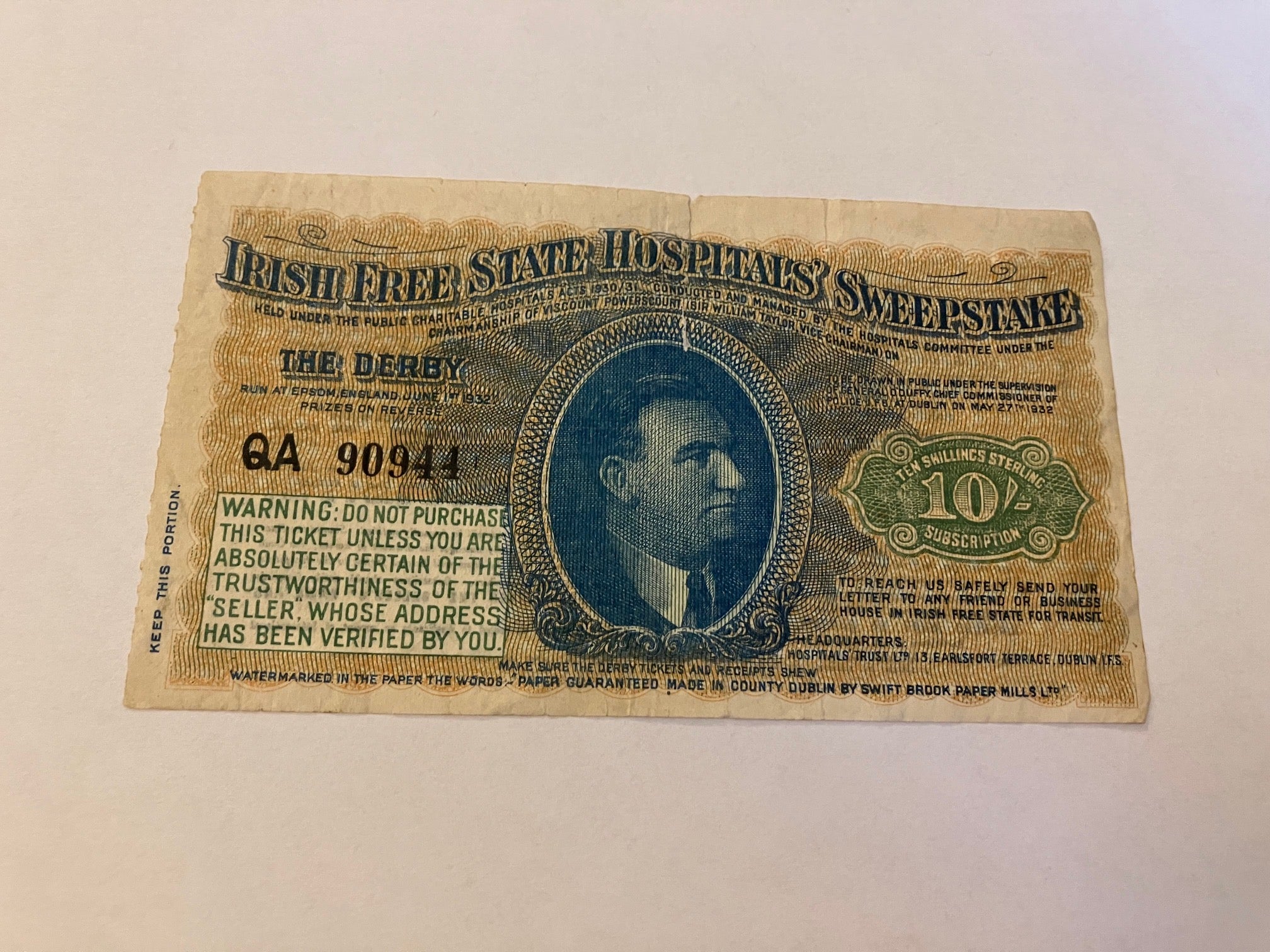 Ten Shillings Sterling - Irish Free State Hospital Sweepstake - Revne i midten