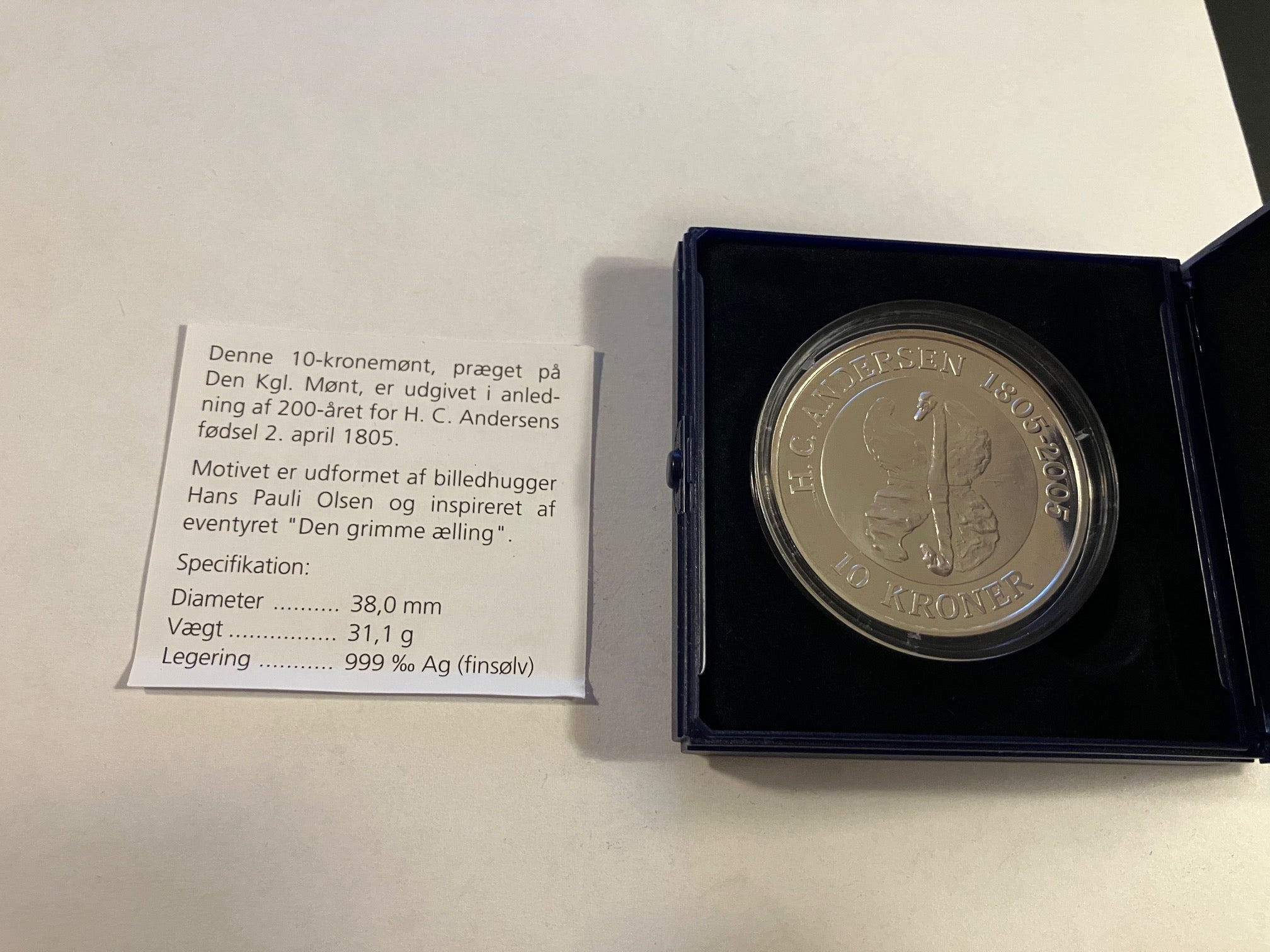 10 kroner H.C Andersen "Den Grimme Ælling" Sølvmønt - 1 oz.