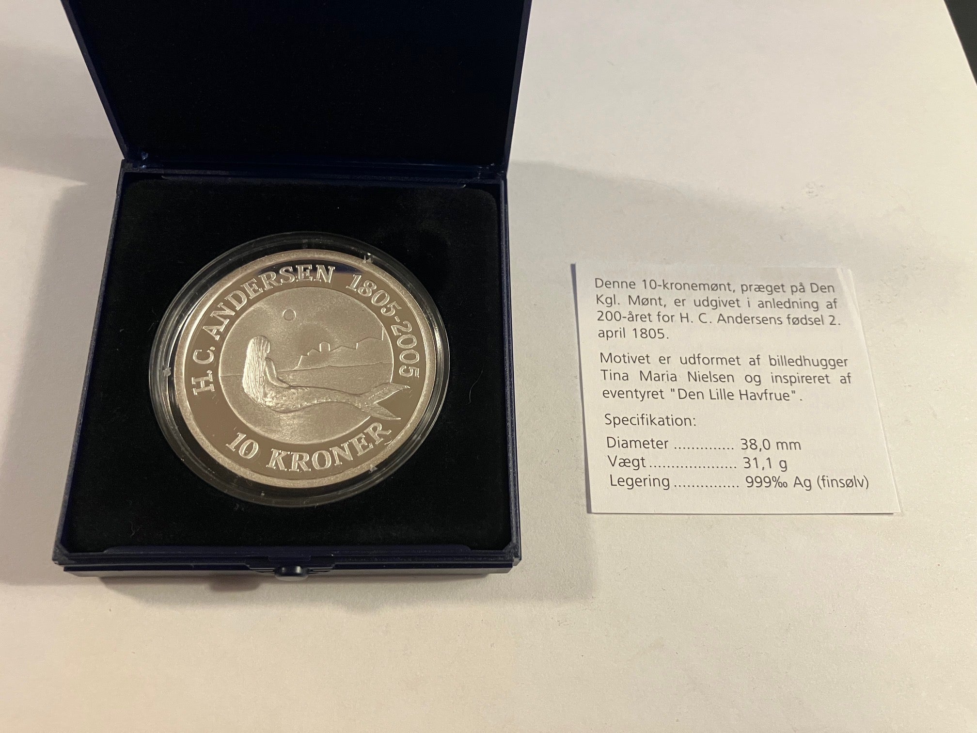 10 kroner H.C Andersen "Den Lille Havfrue" Sølvmønt - 1 oz.