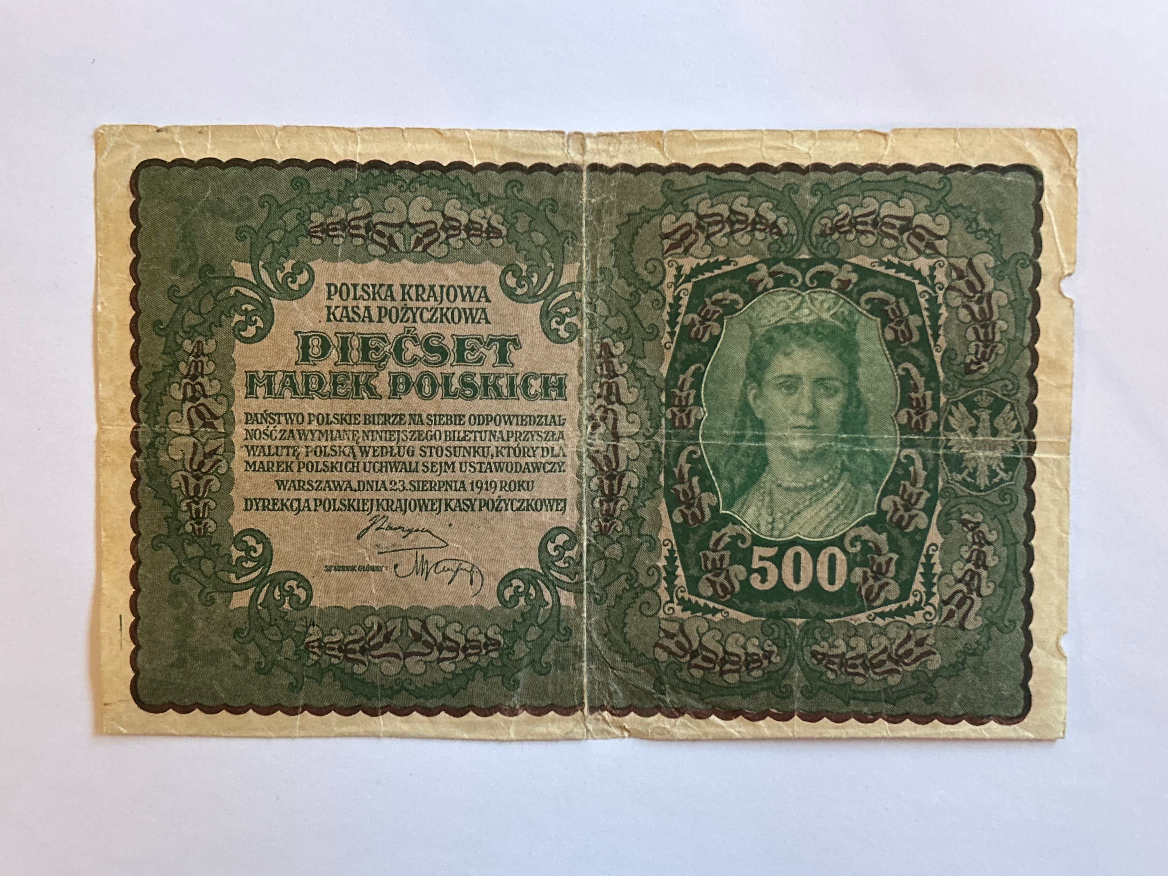500 Marek Poland 1919 - Rare - Bad condition