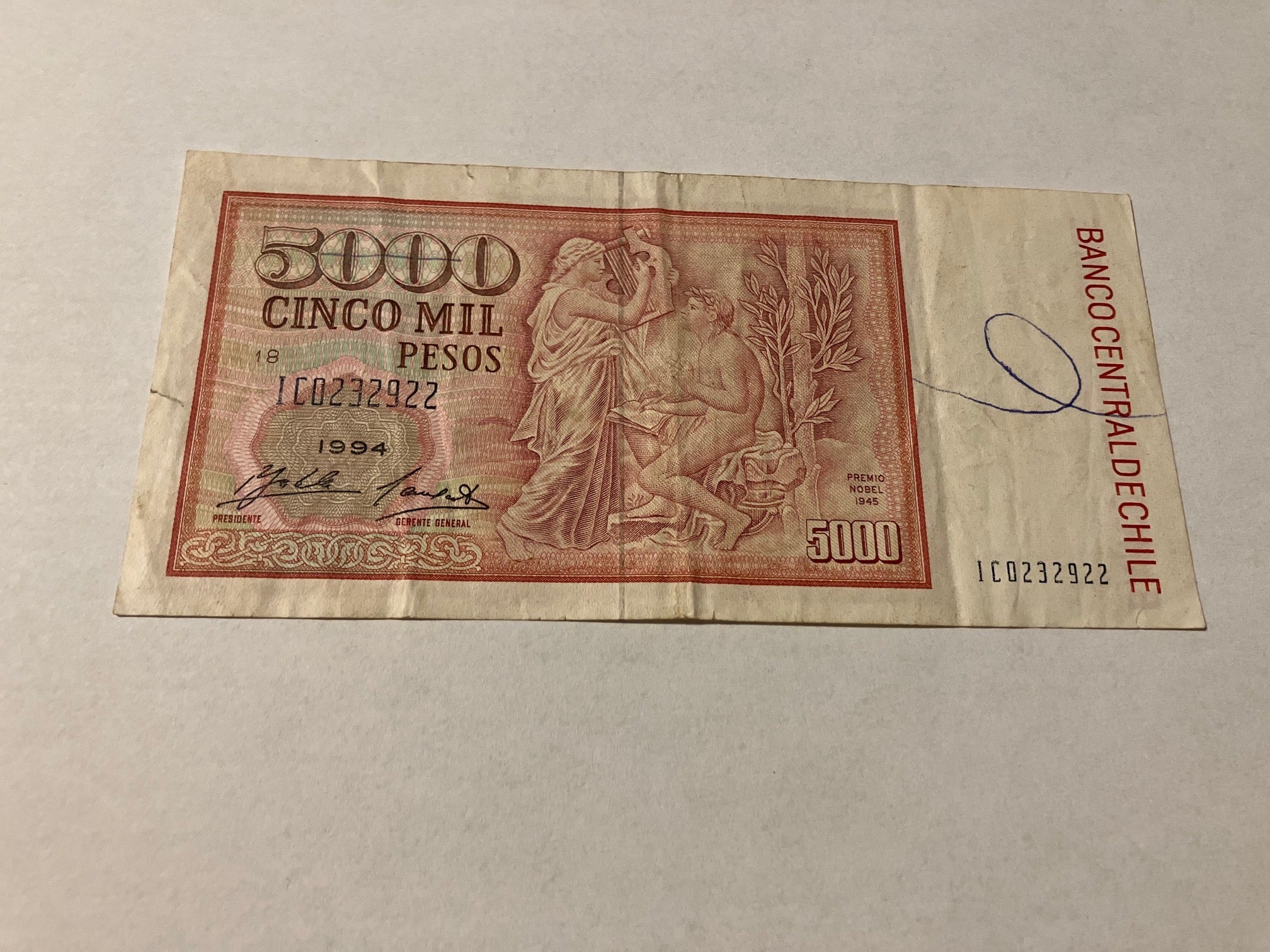 5000 Pesos Chile 1994 - Bemærk kuglepen