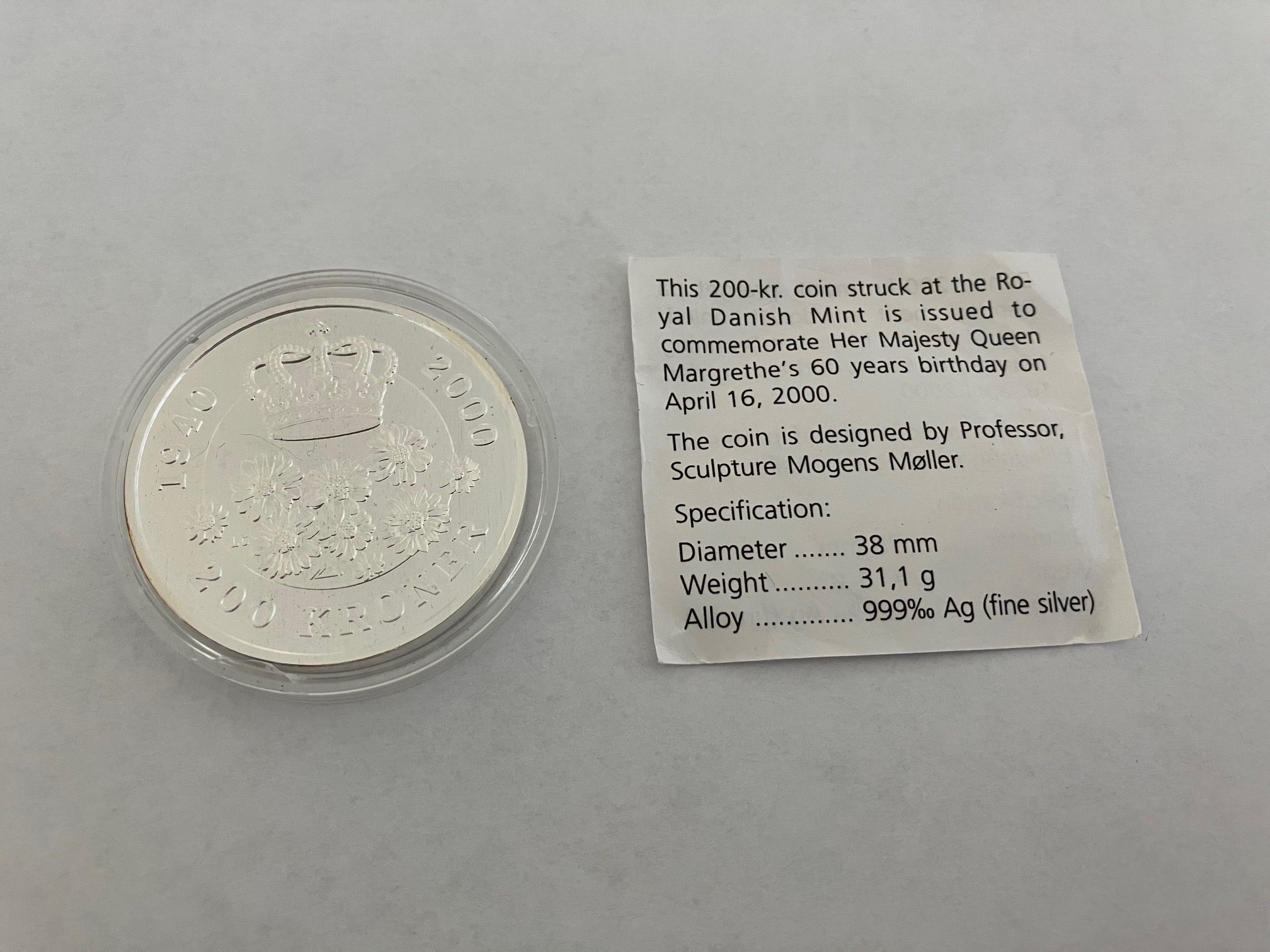 200 Kroner Sølv 1 Oz - Dronning Magrethes 60 års fødselsdag år 2000
