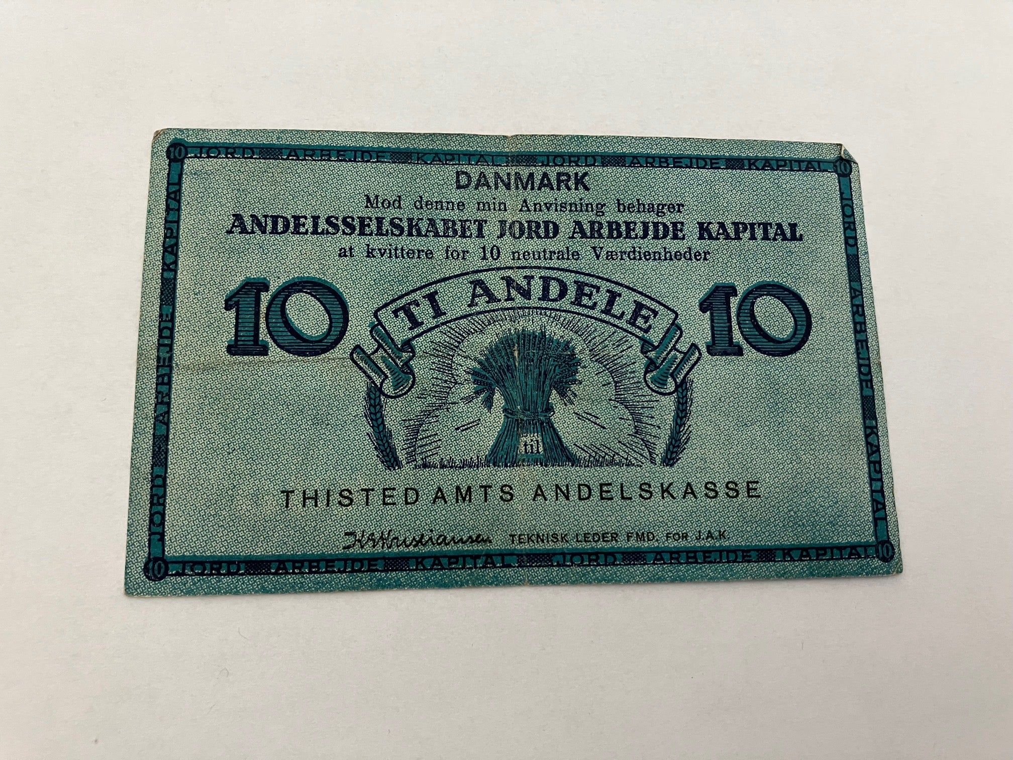JAK-seddel 10 kroner Jord Arbejde Kapital