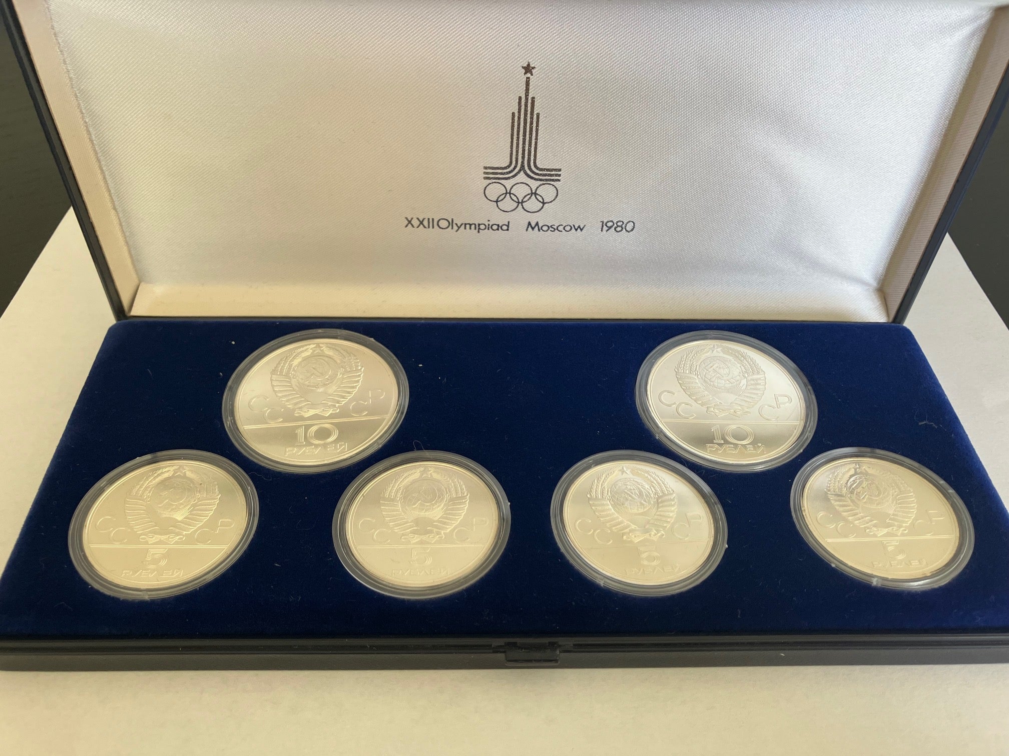 Moscow USSR 5 Coin Silver Olympic Set 5 & 10 Rubles in Original Box