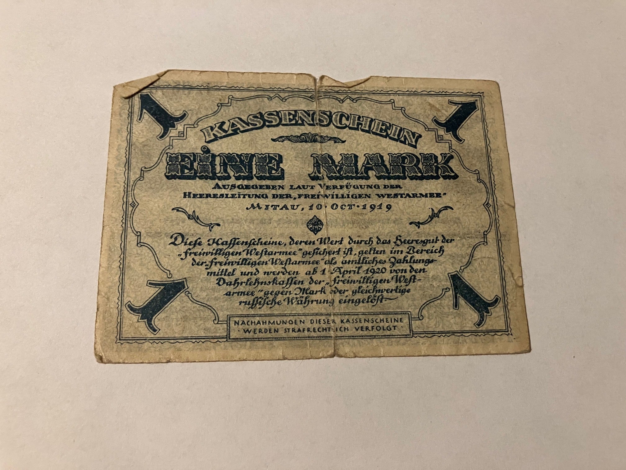 Kassenschein Eine Mark 1919