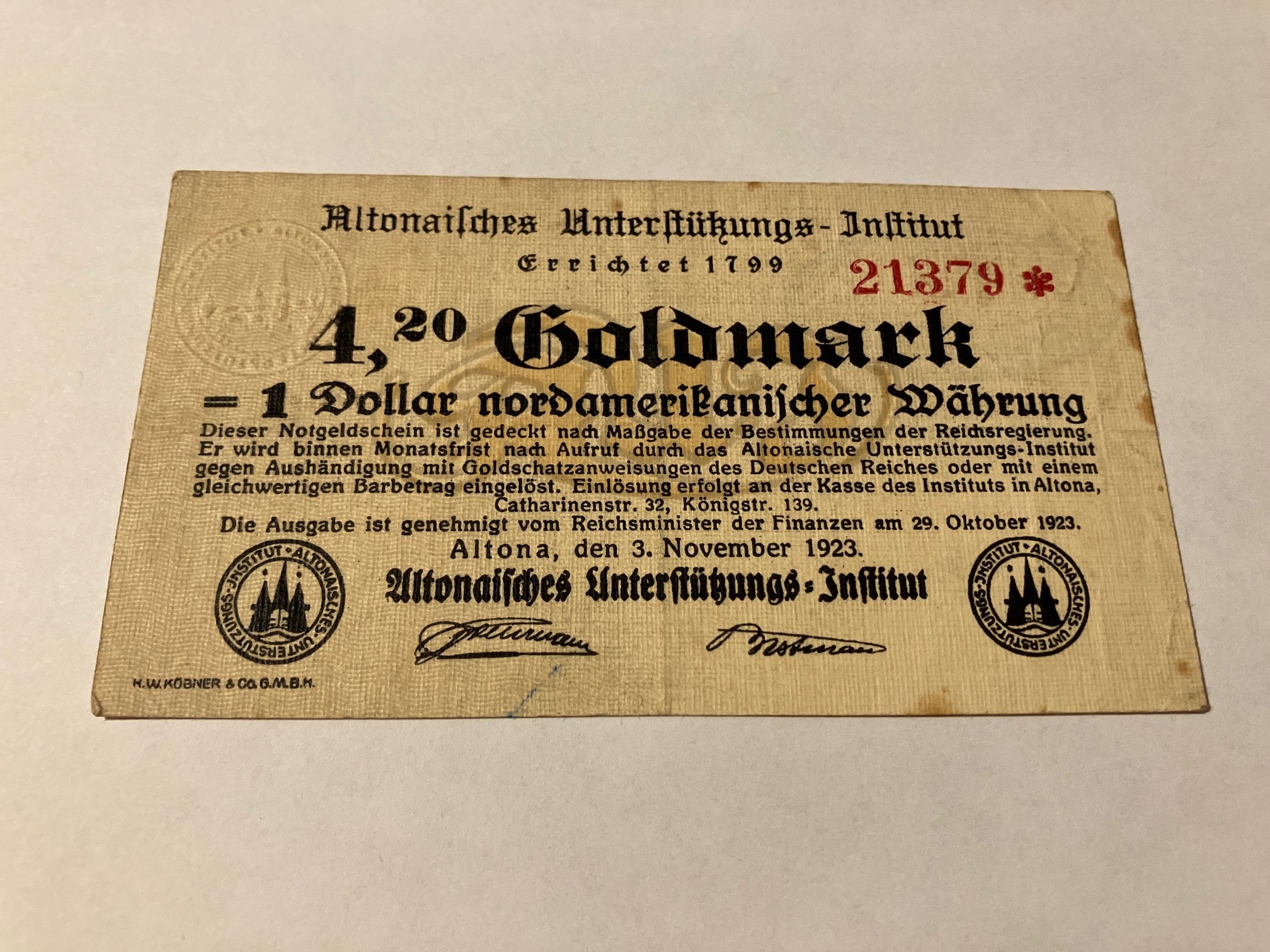 4,20 Goldmark = 1 Dollar Germany banknote