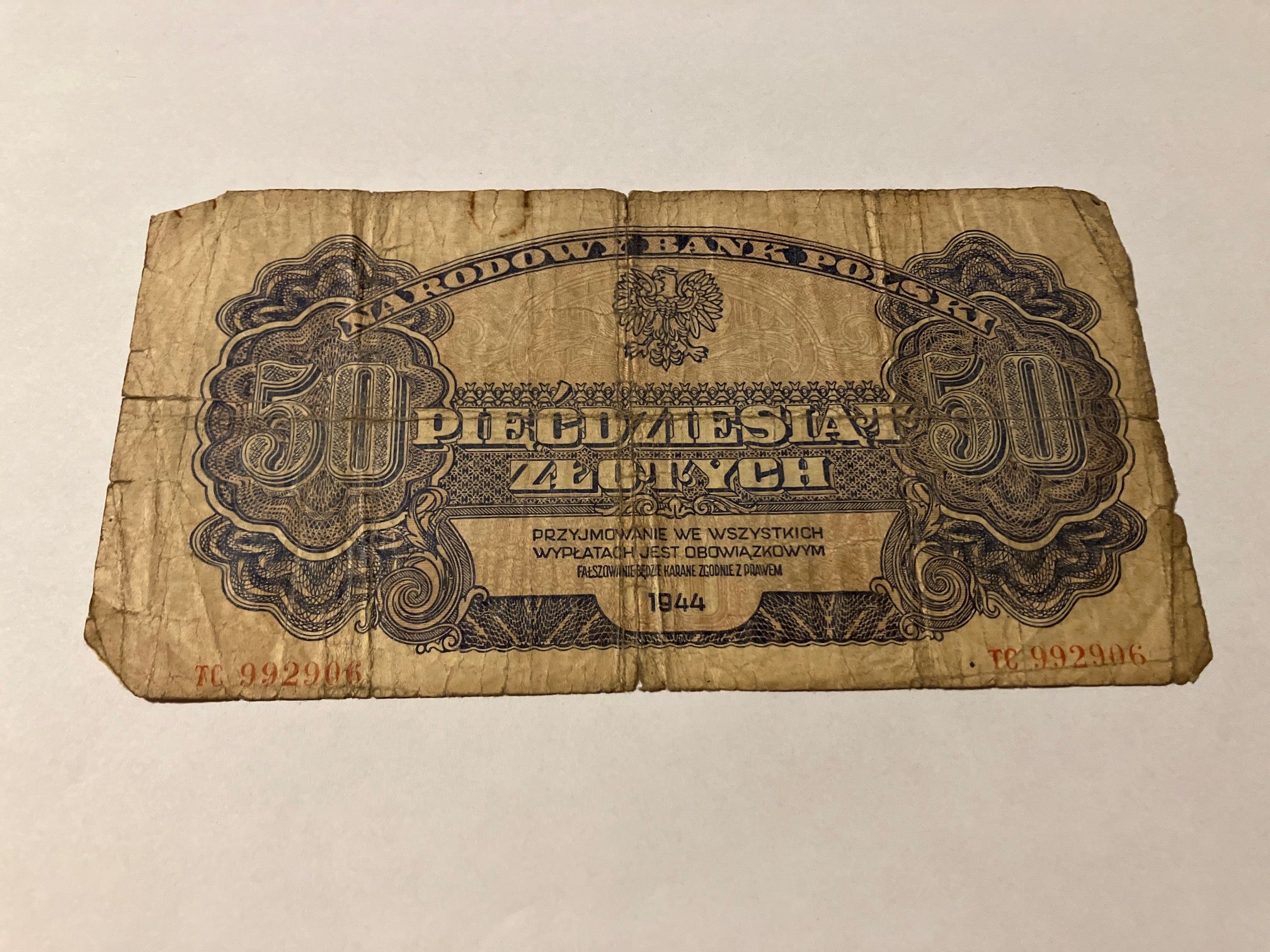 50 Zlotych Poland 1944 - Meget dårlig stand
