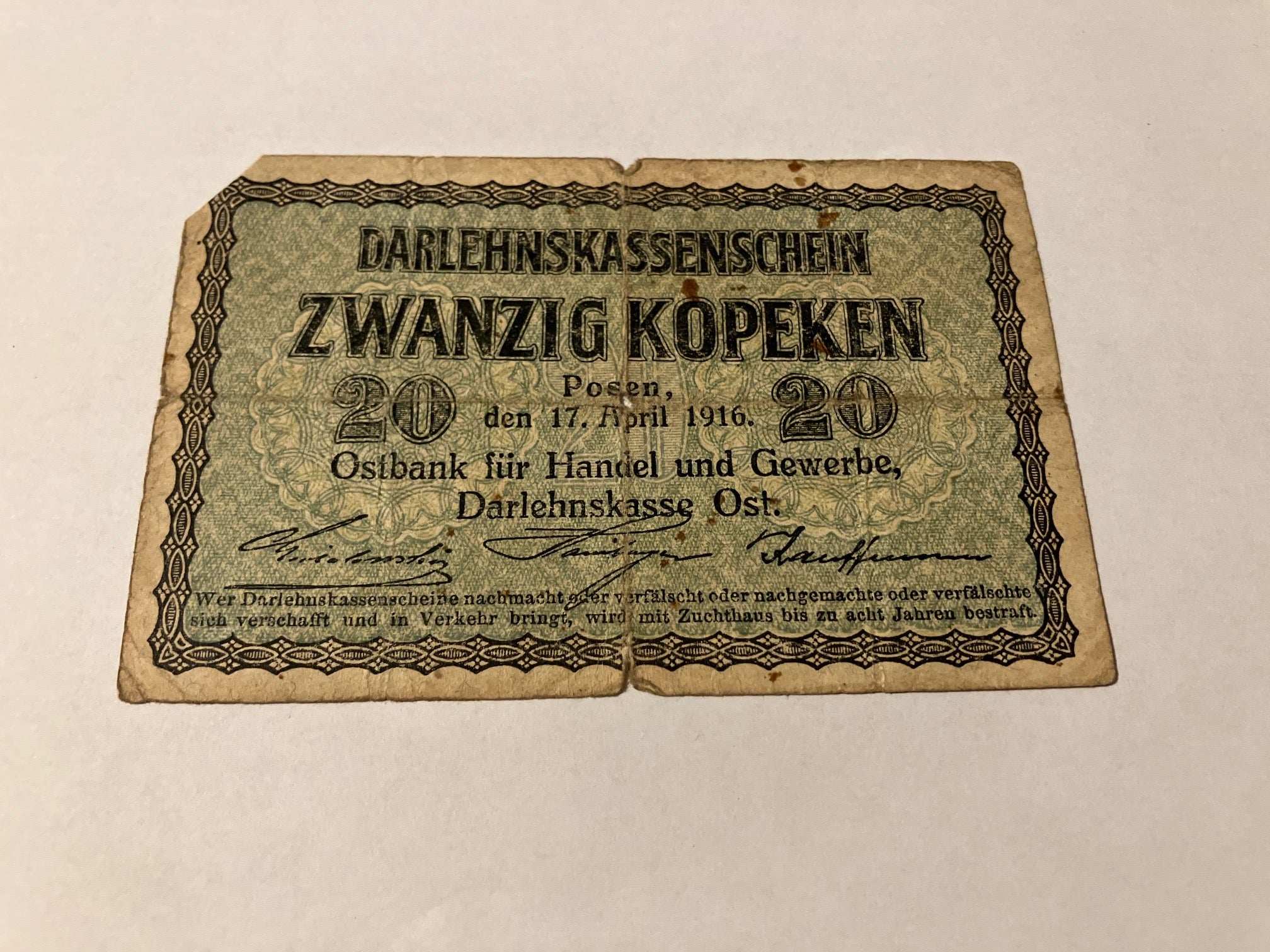 20 Kopeken Ostbank für Handel und Gewerbe, Darlehnskasse Ost 1916