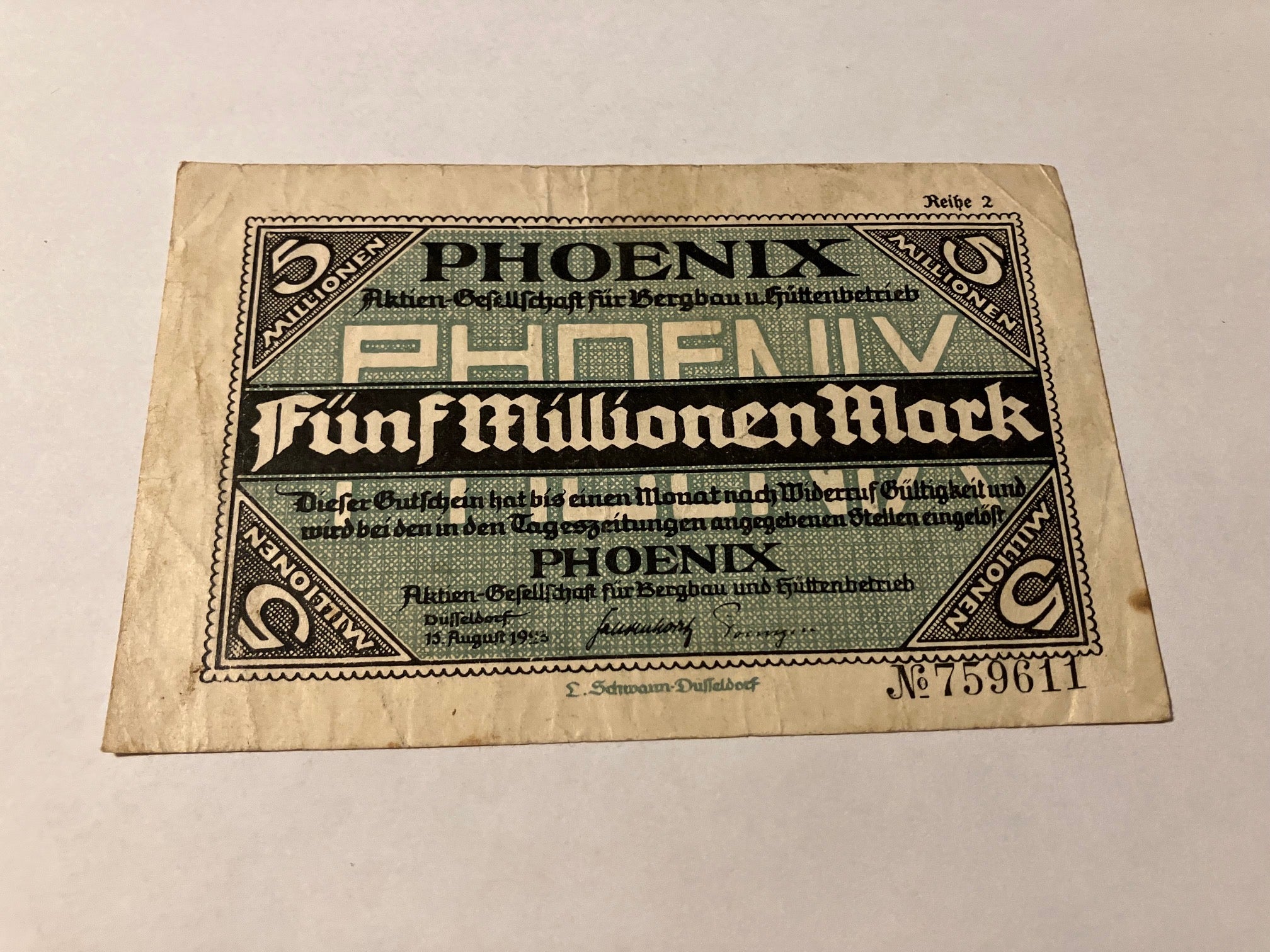 Funf Millionen Mark Phoenix 1923 Germany