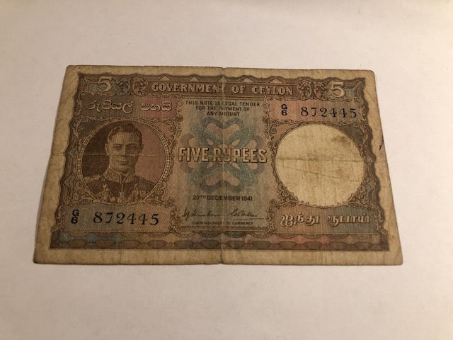 Five Rupees Ceylon 1941