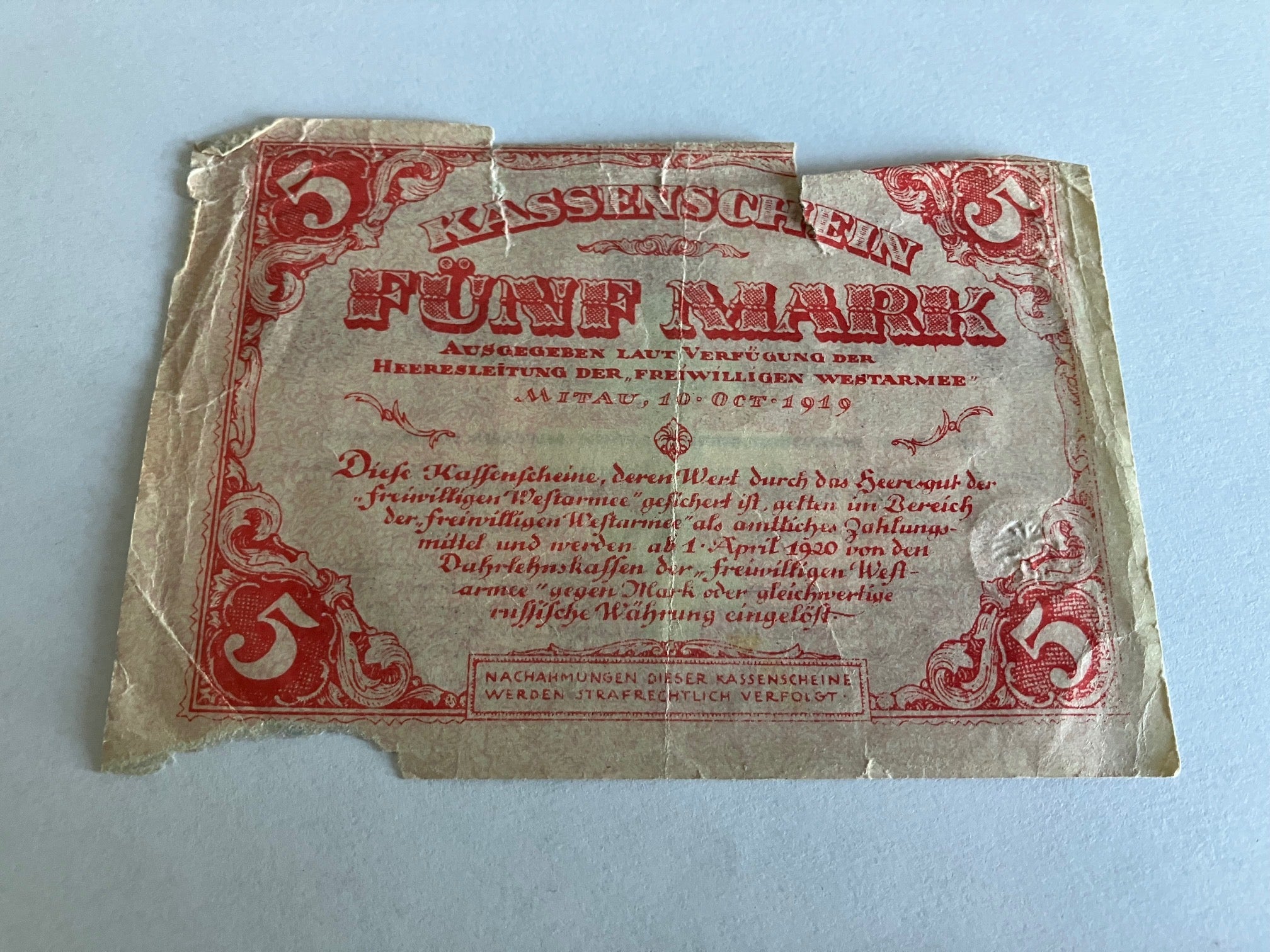 5 Mark Kassenschein 1919