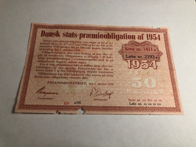 Dansk præmieobligation 1954 - 50 Kroner