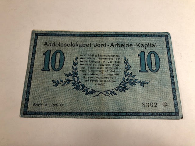 JAK-seddel 10 kroner Jord Arbejde Kapital