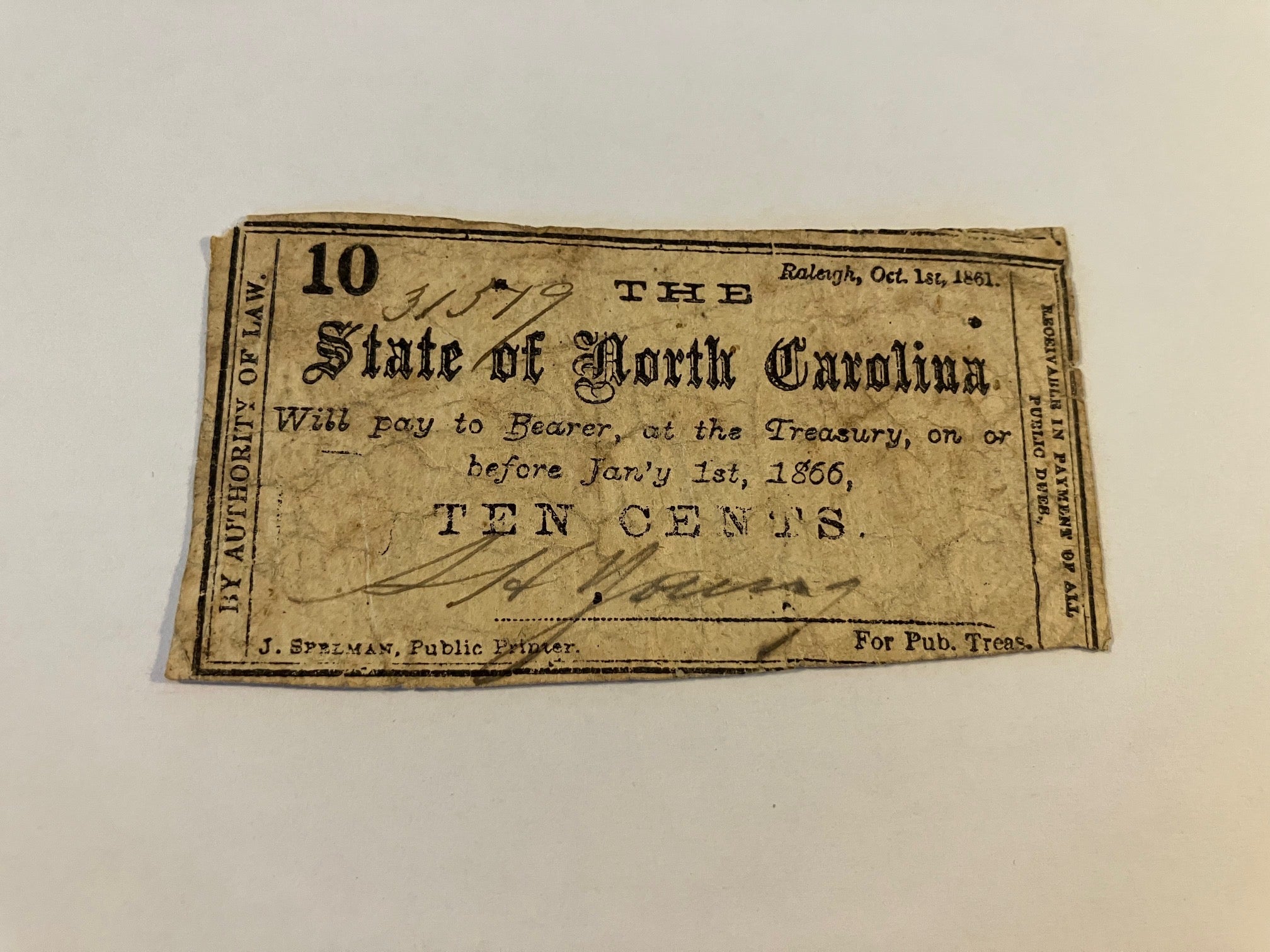 Ten Cents State of North Carolina 1866