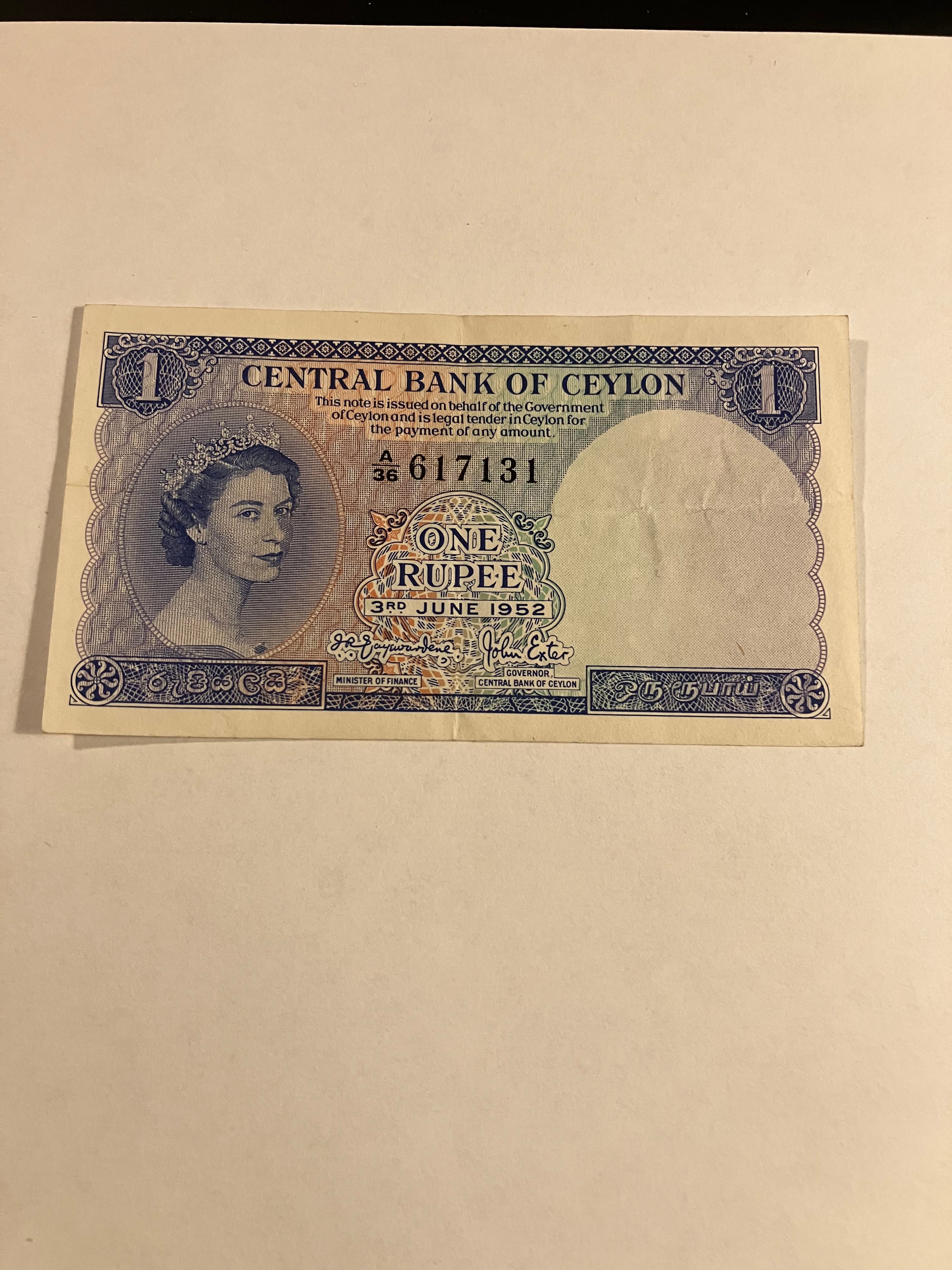 One Rupee Ceylon 1952